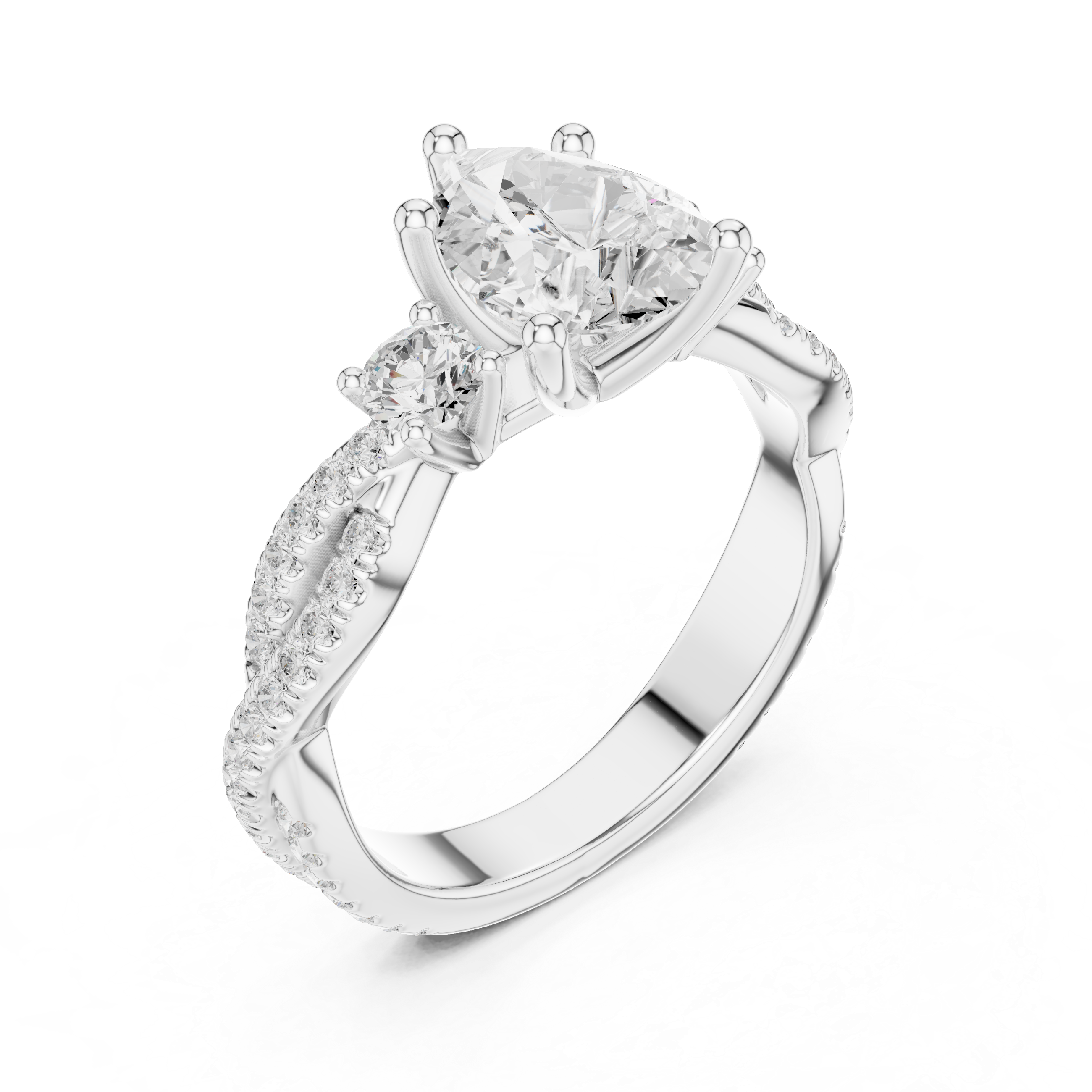 Pear Cut Three-Stone Engagement Ring with Round Side Stones and Split Pavé Diamond Band