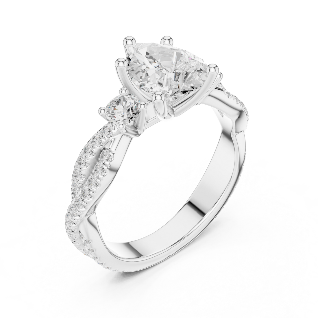 Pear Cut Three-Stone Engagement Ring with Round Side Stones and Split Pavé Diamond Band