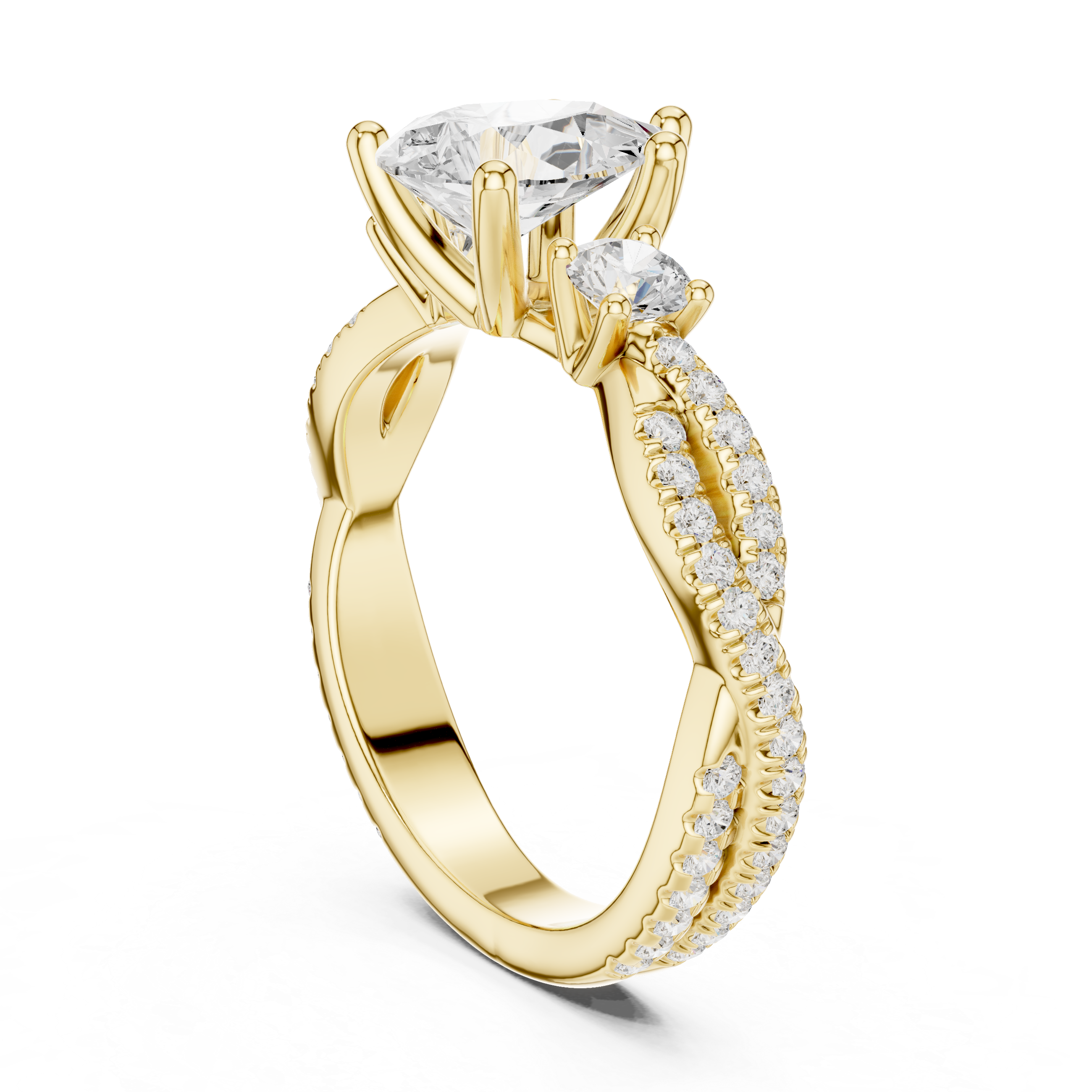 Pear Cut Three-Stone Engagement Ring with Round Side Stones and Split Pavé Diamond Band