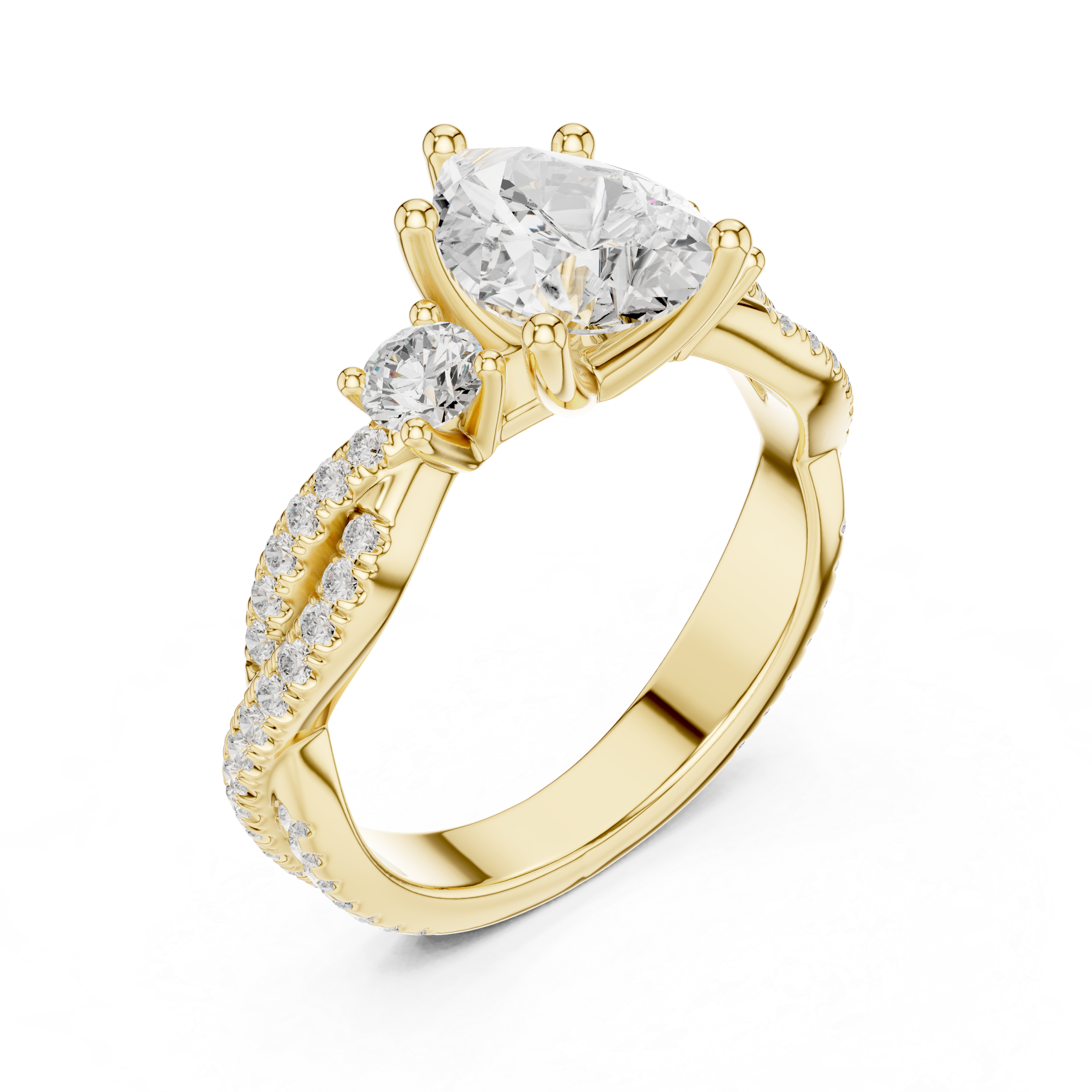 Pear Cut Three-Stone Engagement Ring with Round Side Stones and Split Pavé Diamond Band
