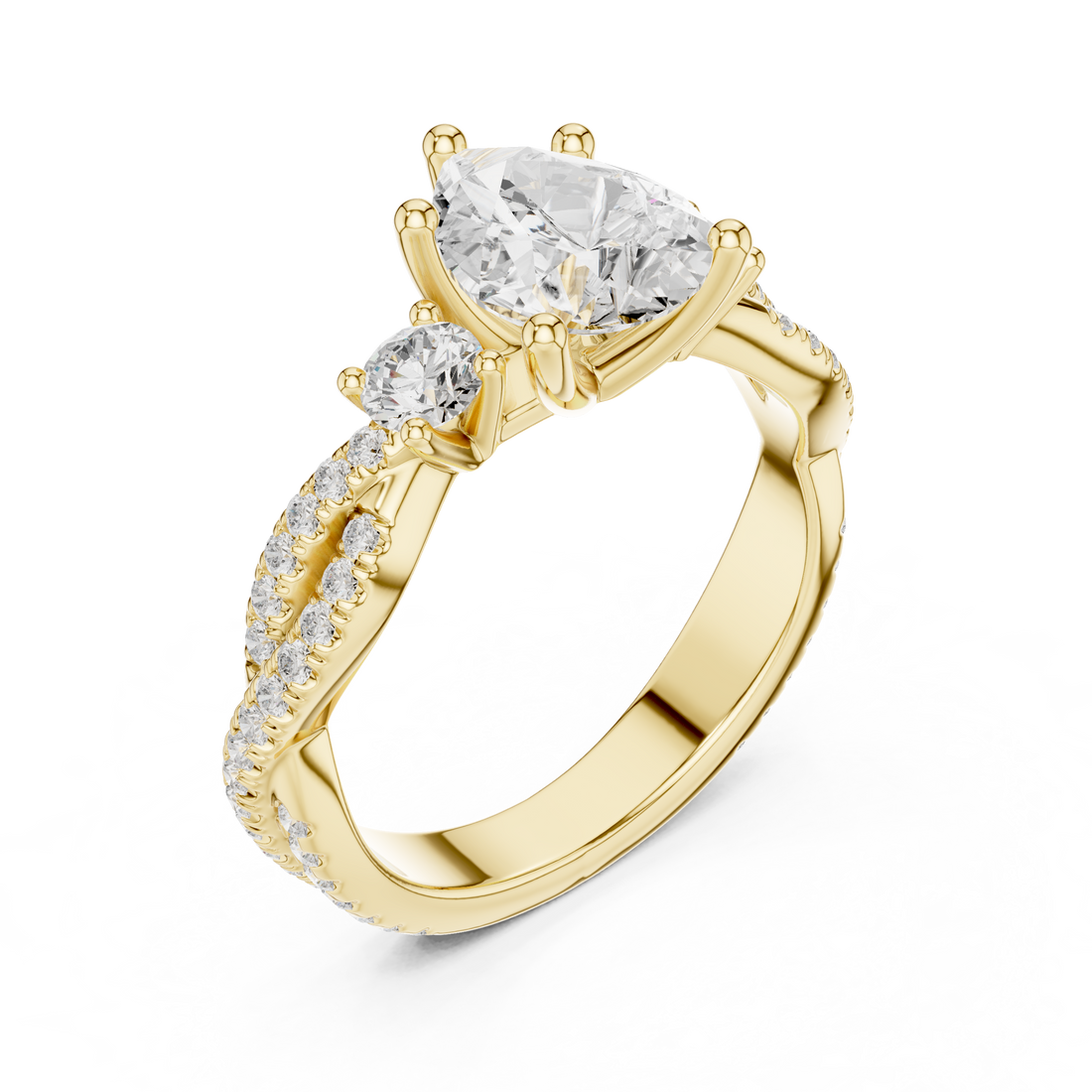 Pear Cut Three-Stone Engagement Ring with Round Side Stones and Split Pavé Diamond Band