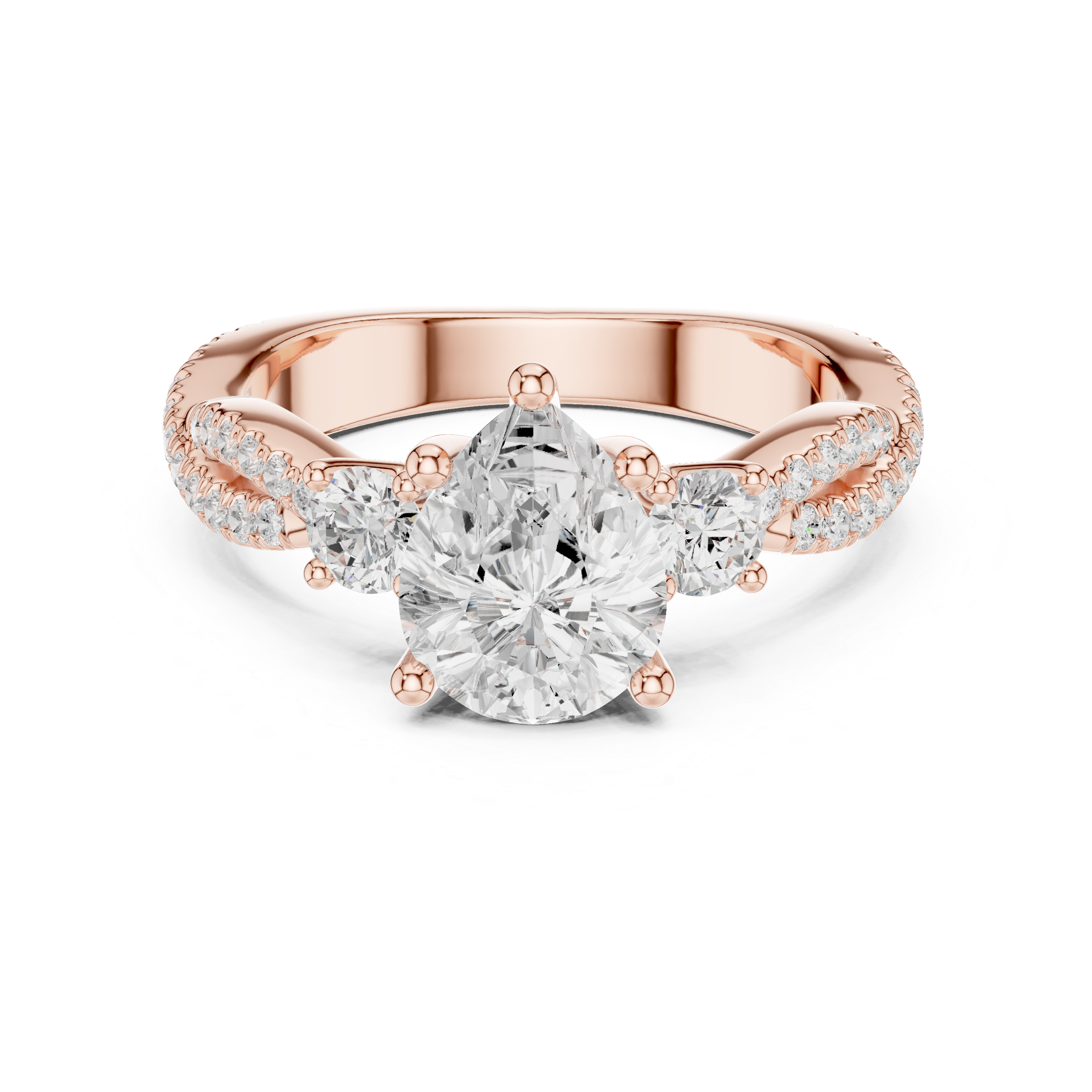 Pear Cut Three-Stone Engagement Ring with Round Side Stones and Split Pavé Diamond Band