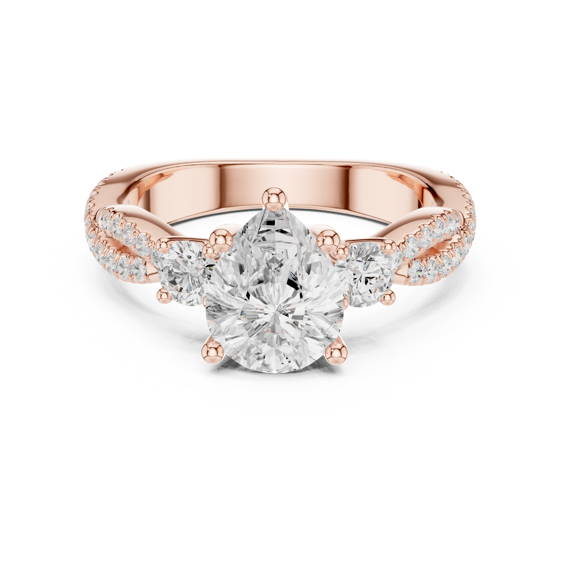 Pear Cut Three-Stone Engagement Ring with Round Side Stones and Split Pavé Diamond Band