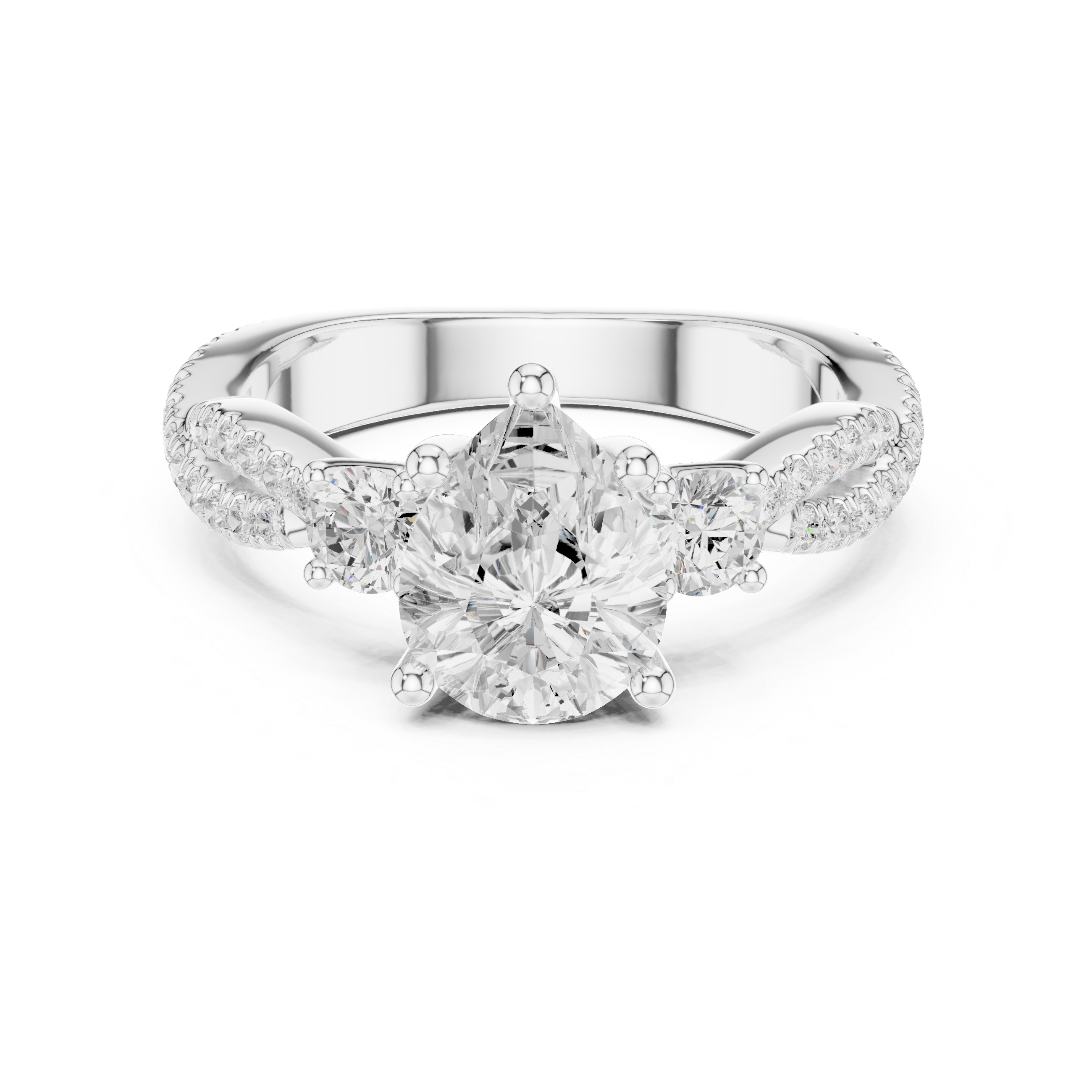 Pear Cut Three-Stone Engagement Ring with Round Side Stones and Split Pavé Diamond Band