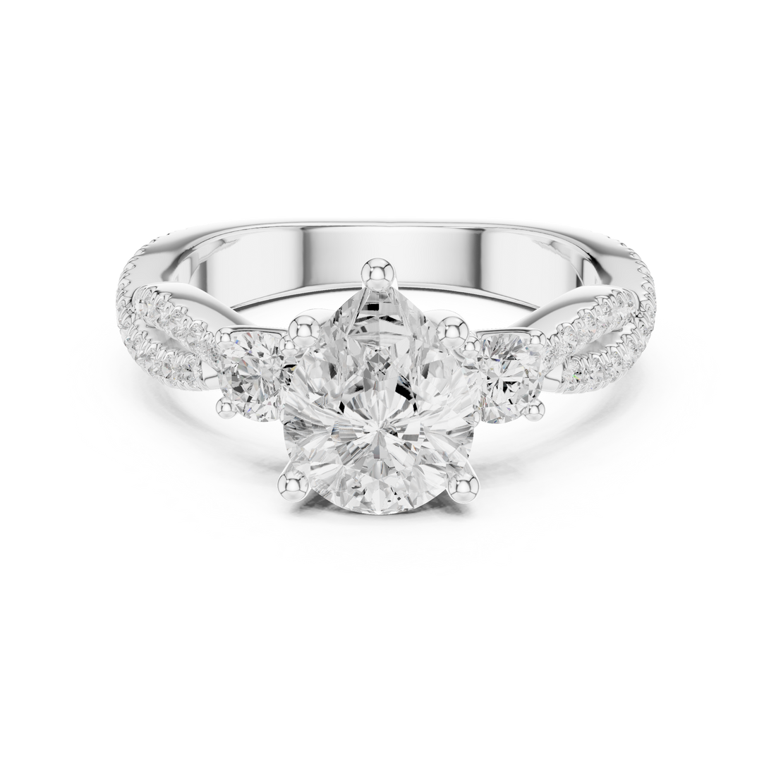 Pear Cut Three-Stone Engagement Ring with Round Side Stones and Split Pavé Diamond Band
