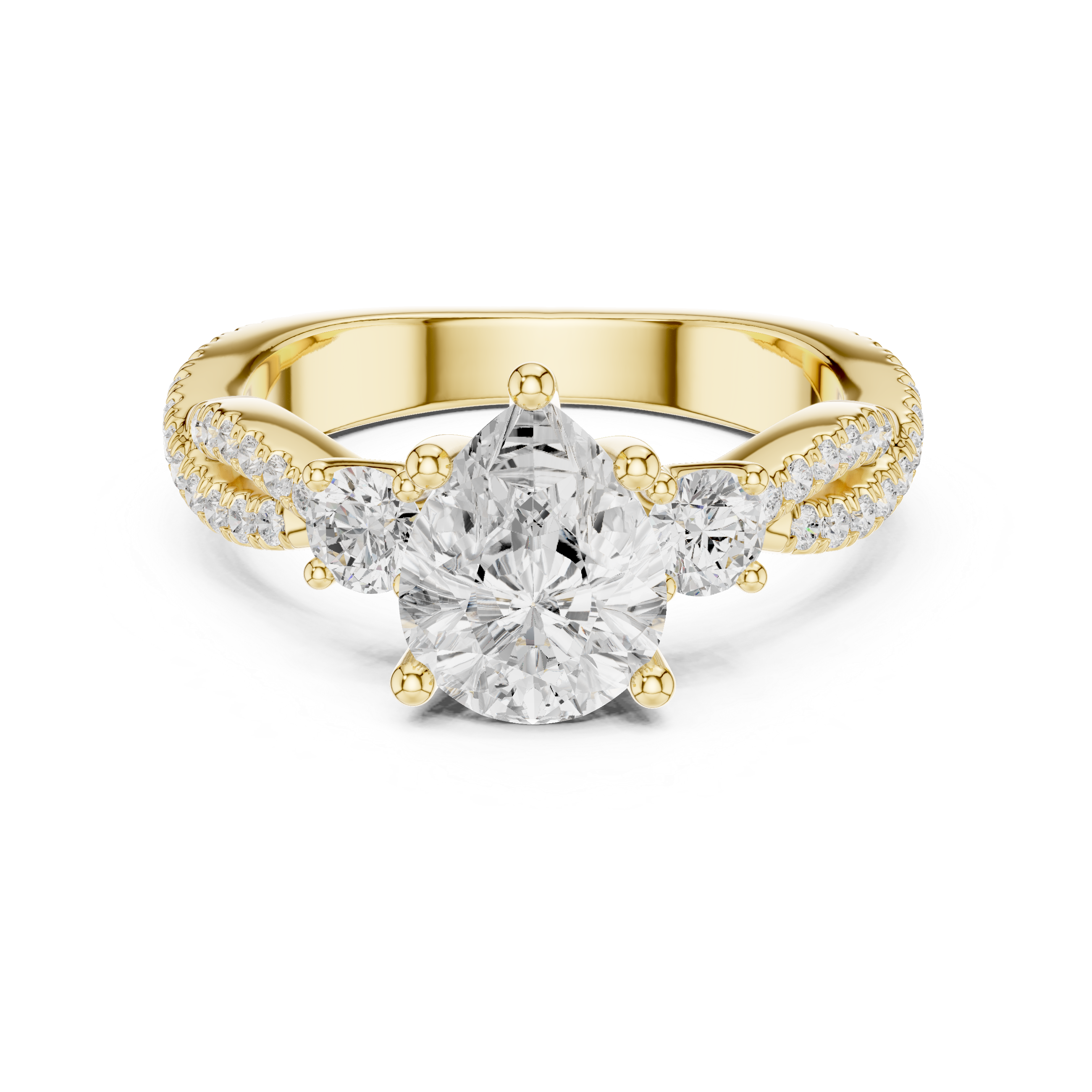 Pear Cut Three-Stone Engagement Ring with Round Side Stones and Split Pavé Diamond Band