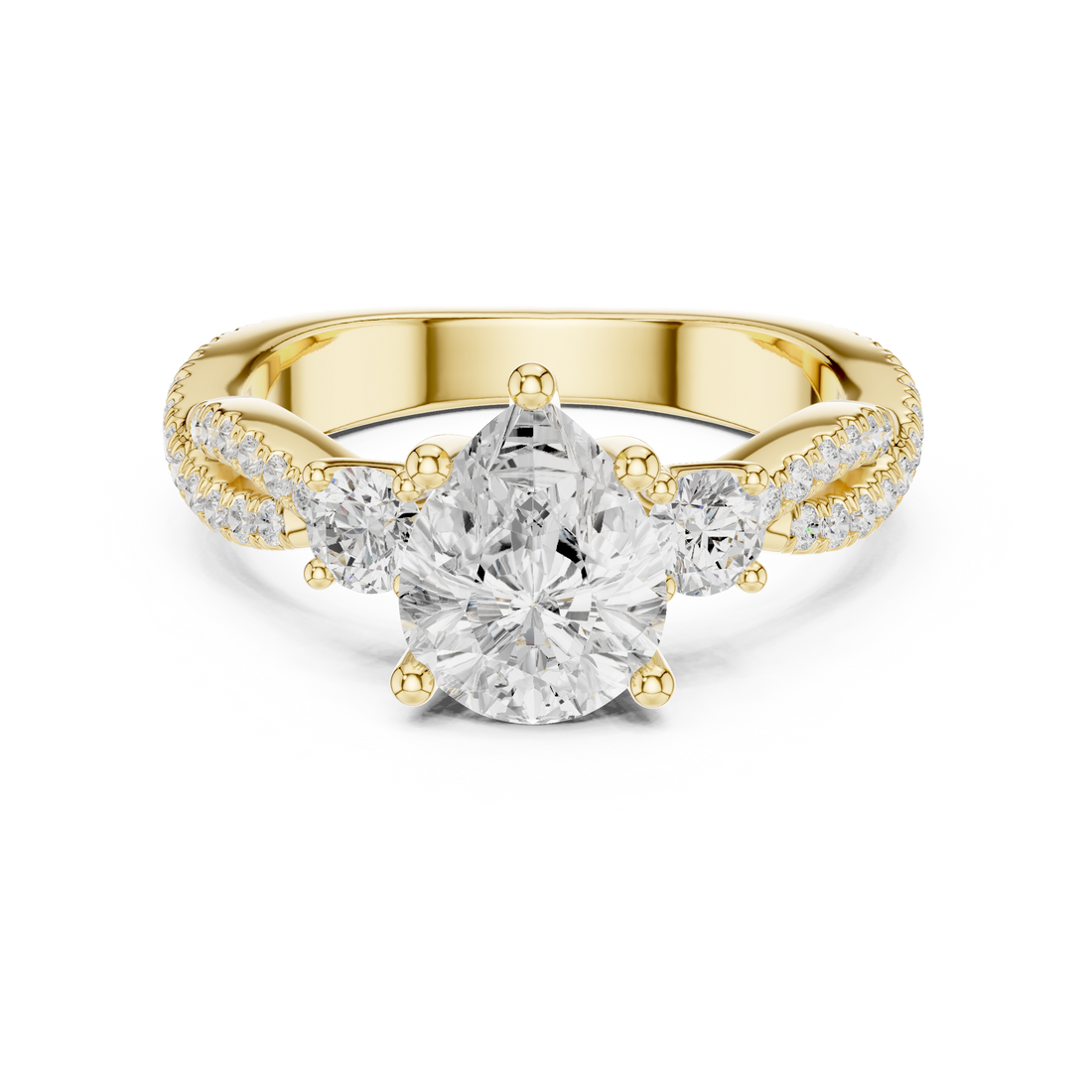 Pear Cut Three-Stone Engagement Ring with Round Side Stones and Split Pavé Diamond Band