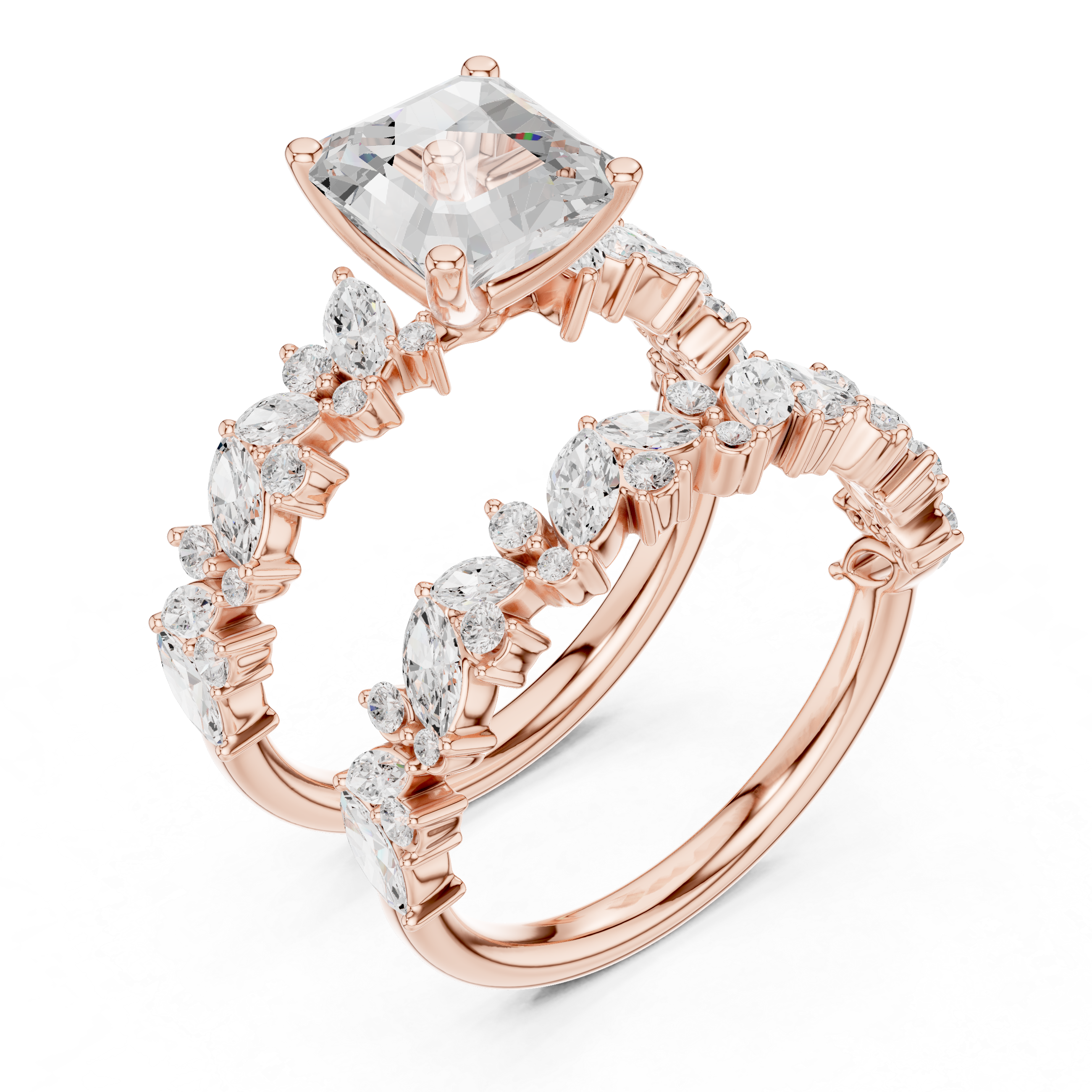 Asscher Cut Solitaire Engagement Ring with Floral Diamond Ring Enhancer