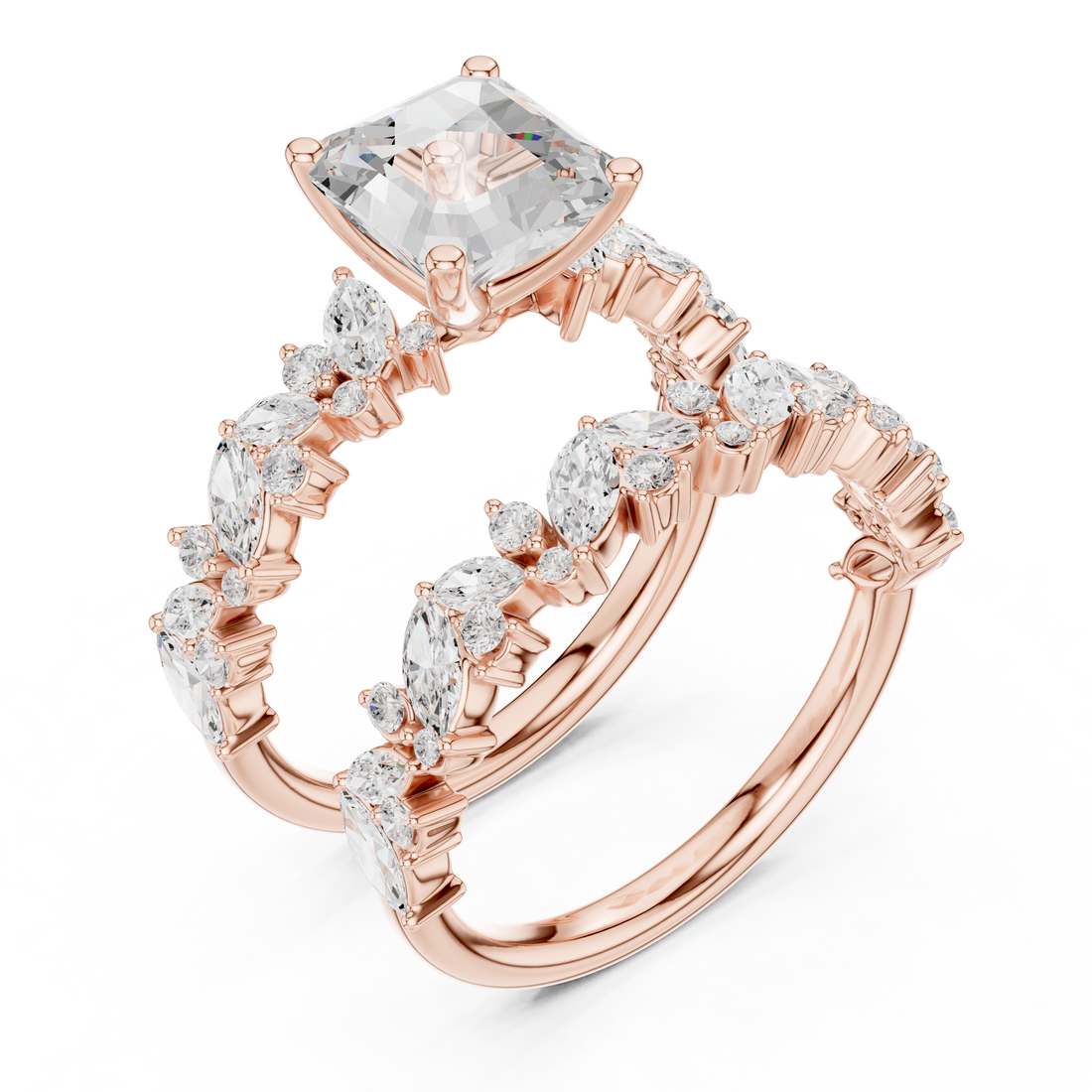 Asscher Cut Solitaire Engagement Ring with Floral Diamond Ring Enhancer