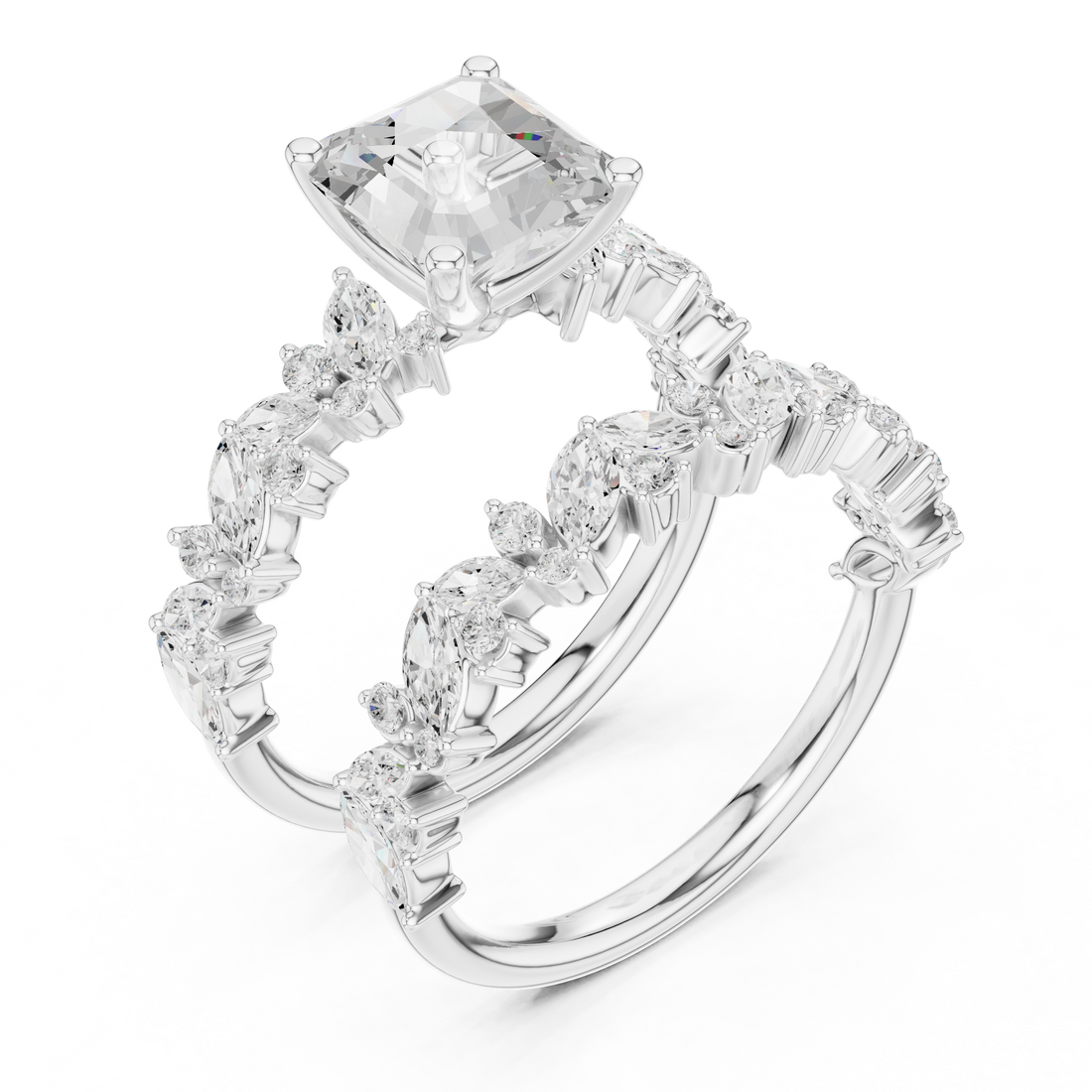 Asscher Cut Solitaire Engagement Ring with Floral Diamond Ring Enhancer