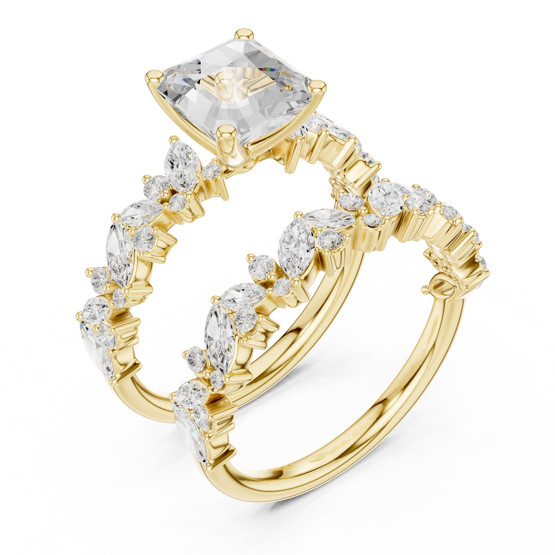 Asscher Cut Solitaire Engagement Ring with Floral Diamond Ring Enhancer