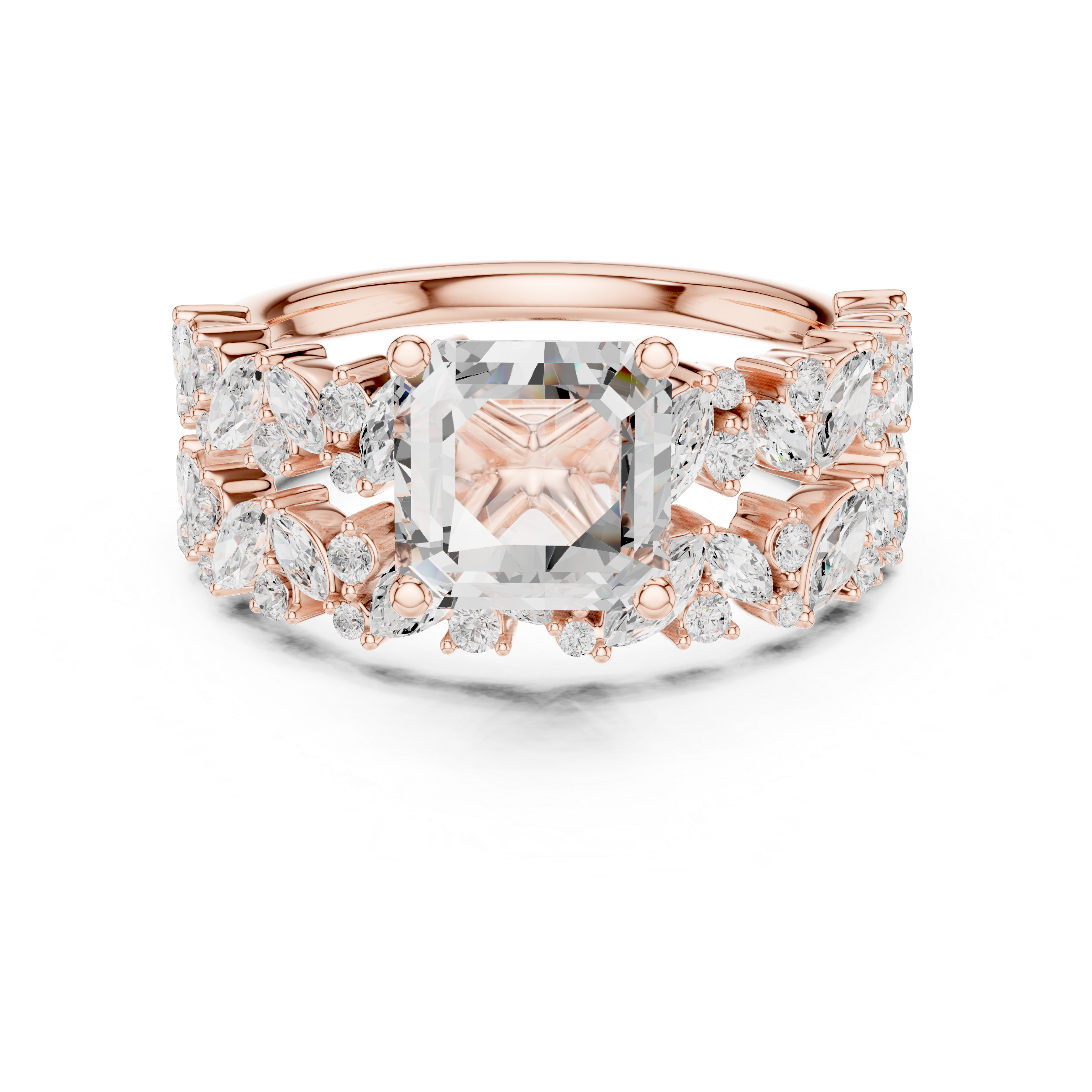 Asscher Cut Solitaire Engagement Ring with Floral Diamond Ring Enhancer