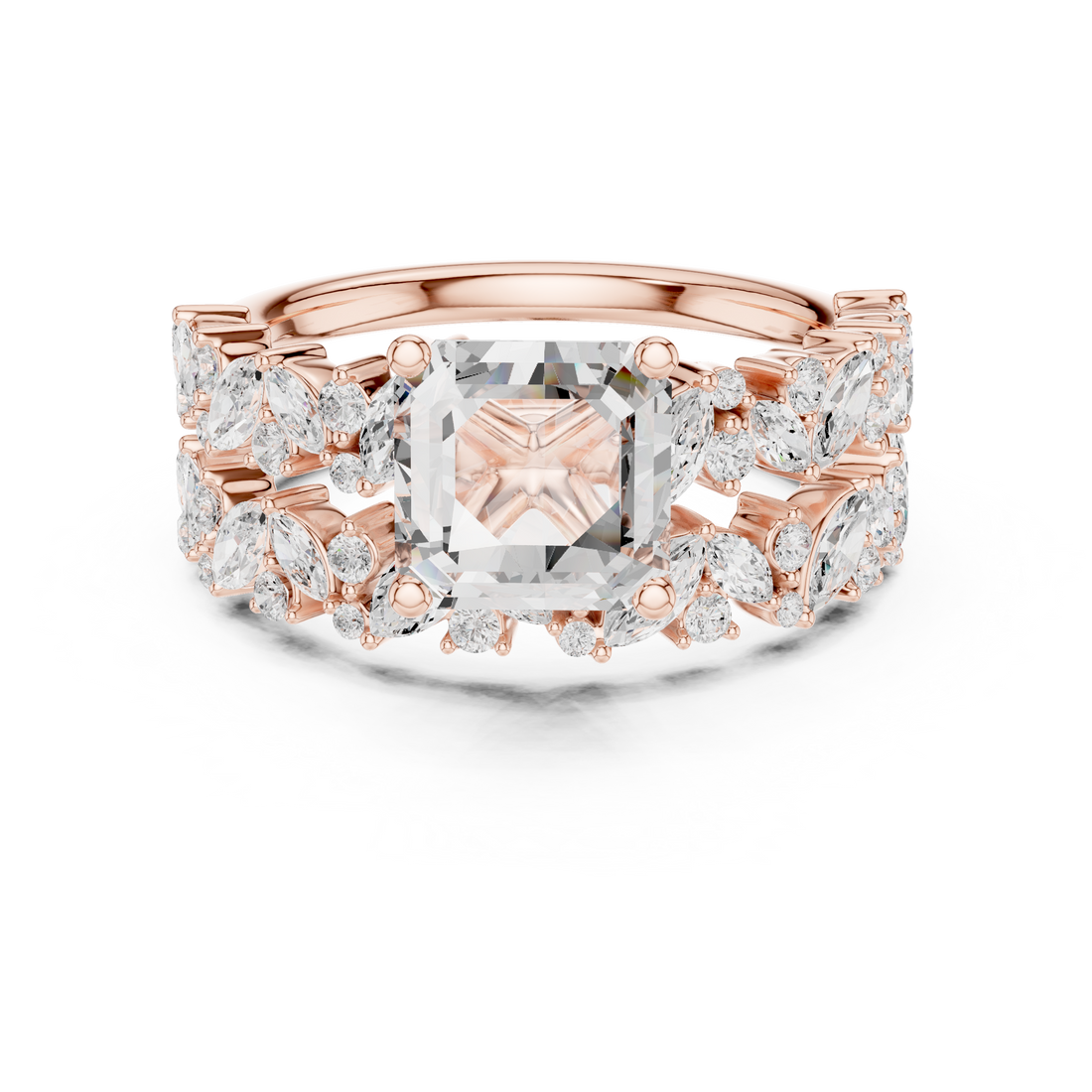 Asscher Cut Solitaire Engagement Ring with Floral Diamond Ring Enhancer