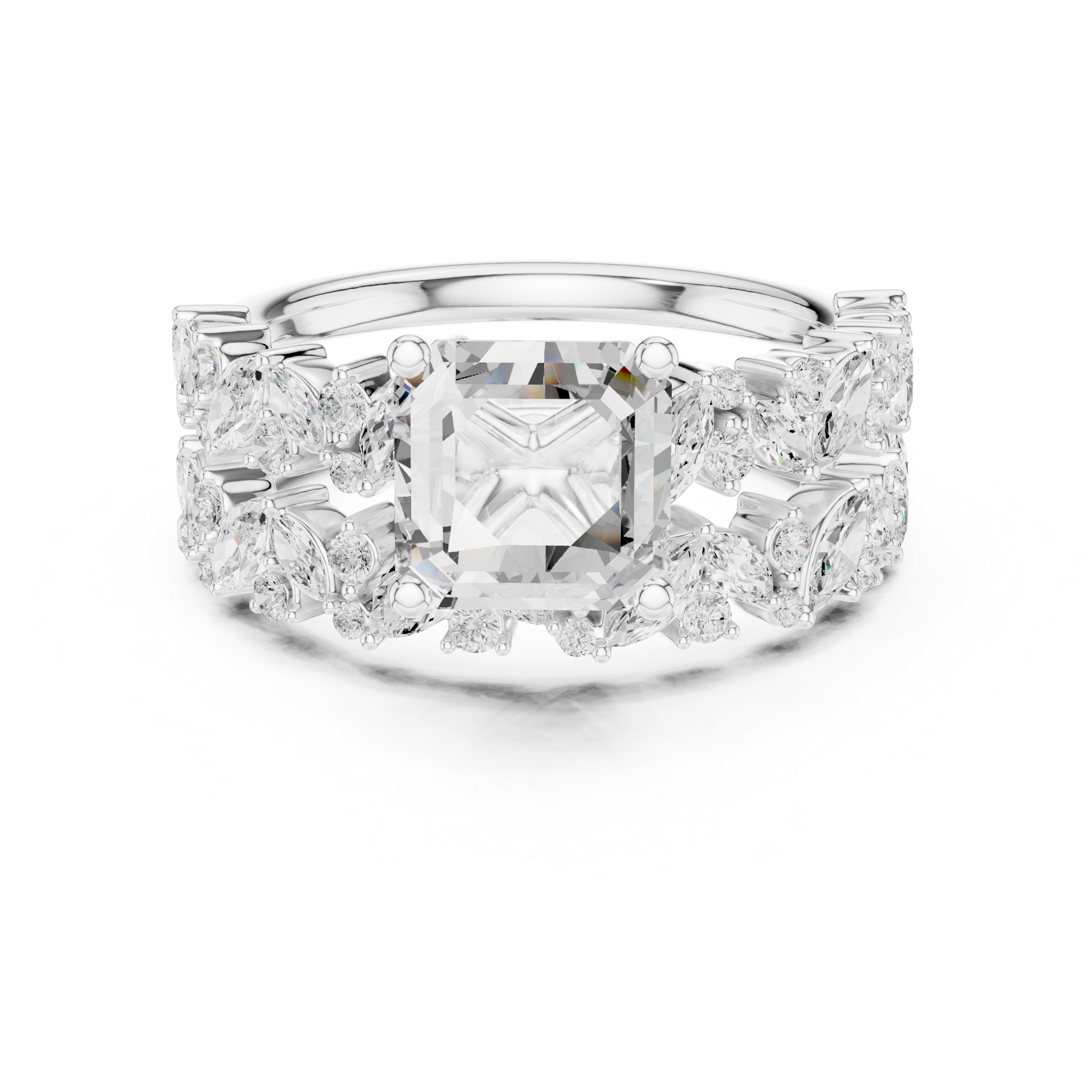 Asscher Cut Solitaire Engagement Ring with Floral Diamond Ring Enhancer