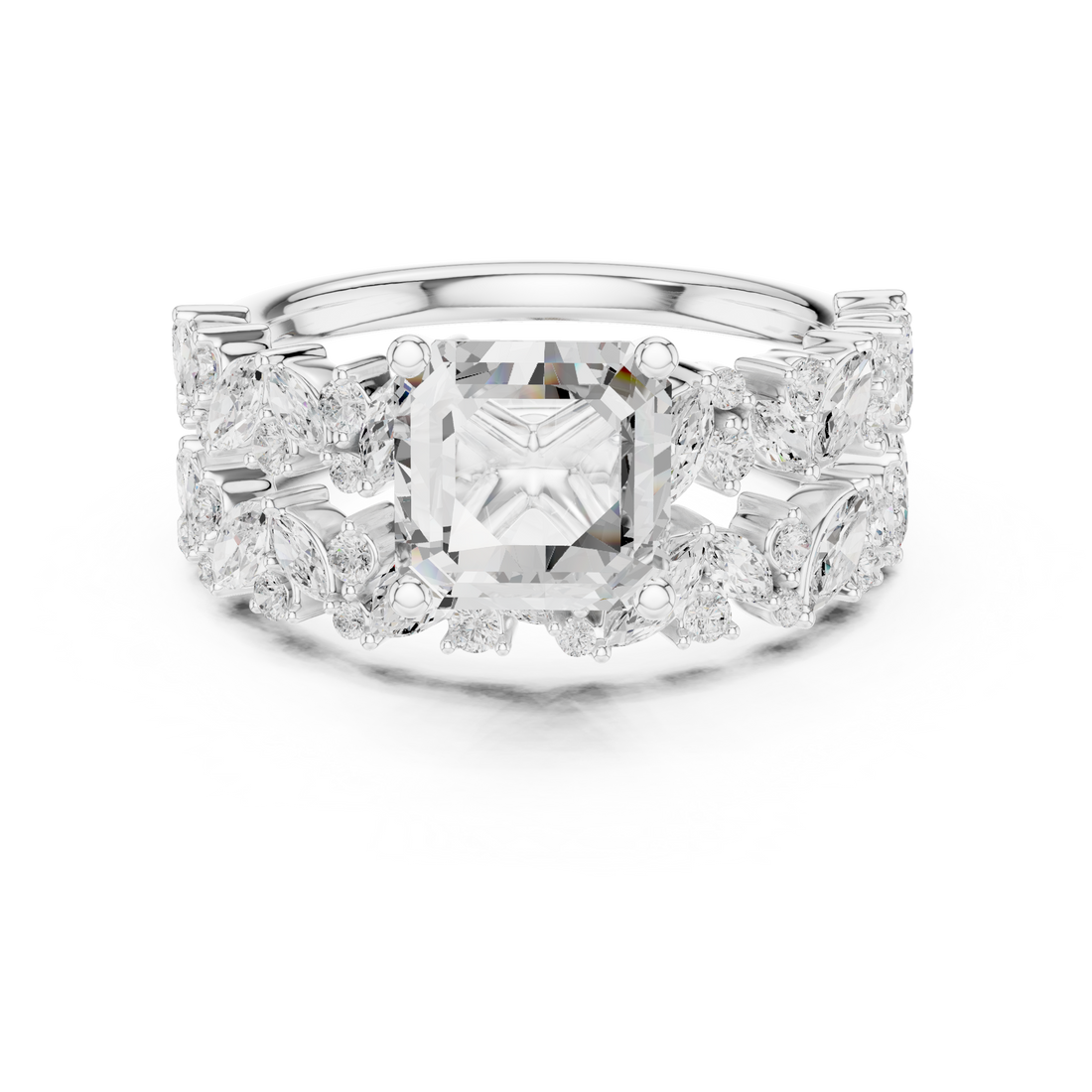 Asscher Cut Solitaire Engagement Ring with Floral Diamond Ring Enhancer