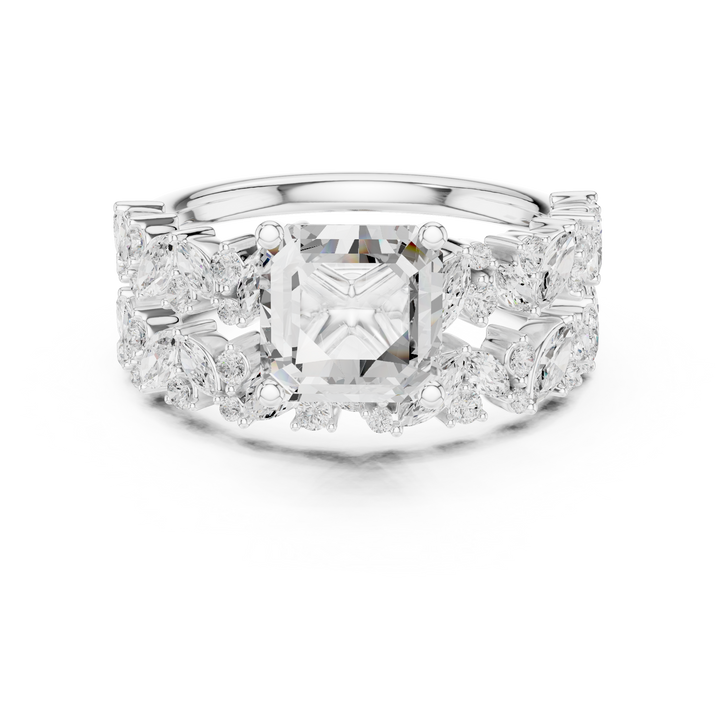 Asscher Cut Solitaire Engagement Ring with Floral Diamond Ring Enhancer