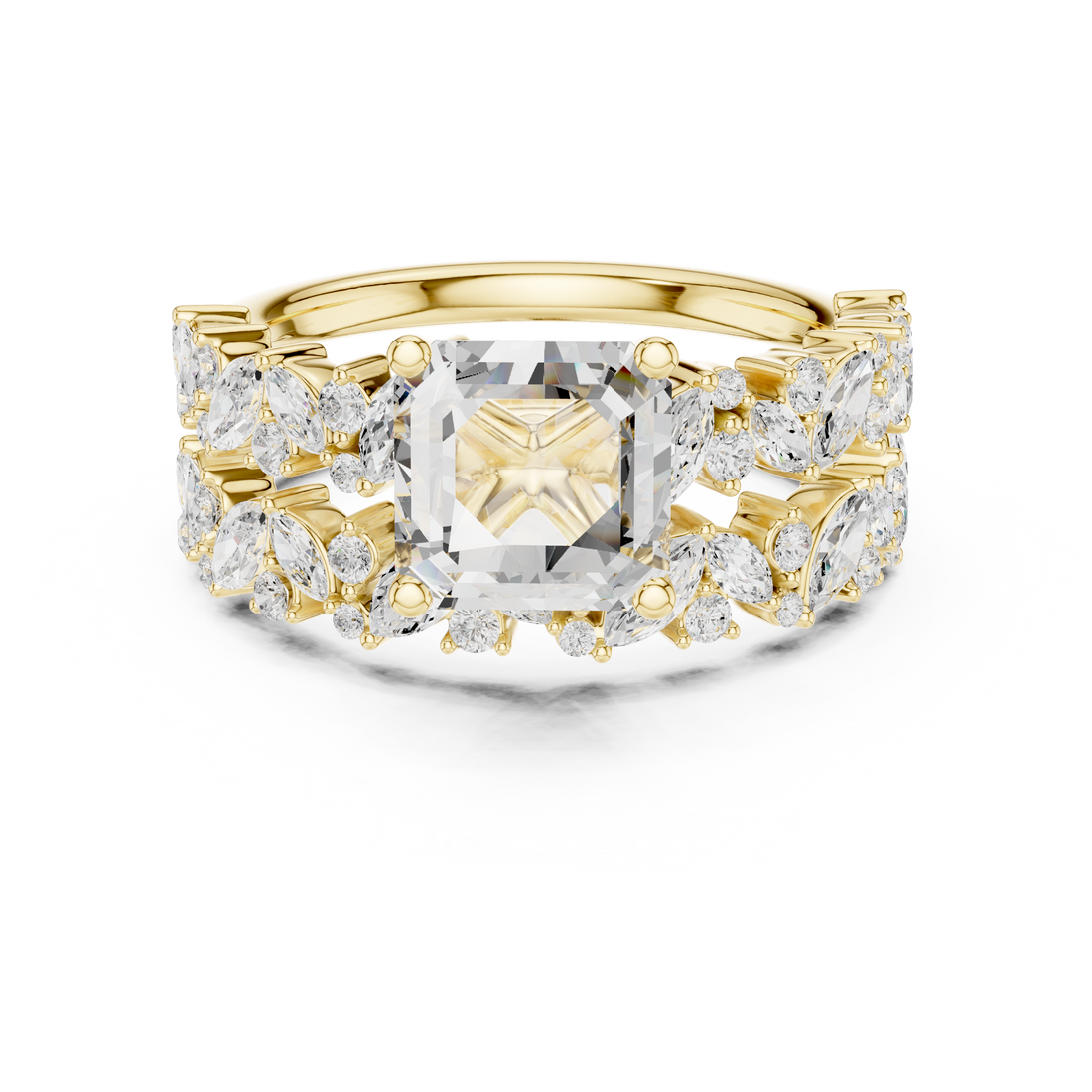Asscher Cut Solitaire Engagement Ring with Floral Diamond Ring Enhancer