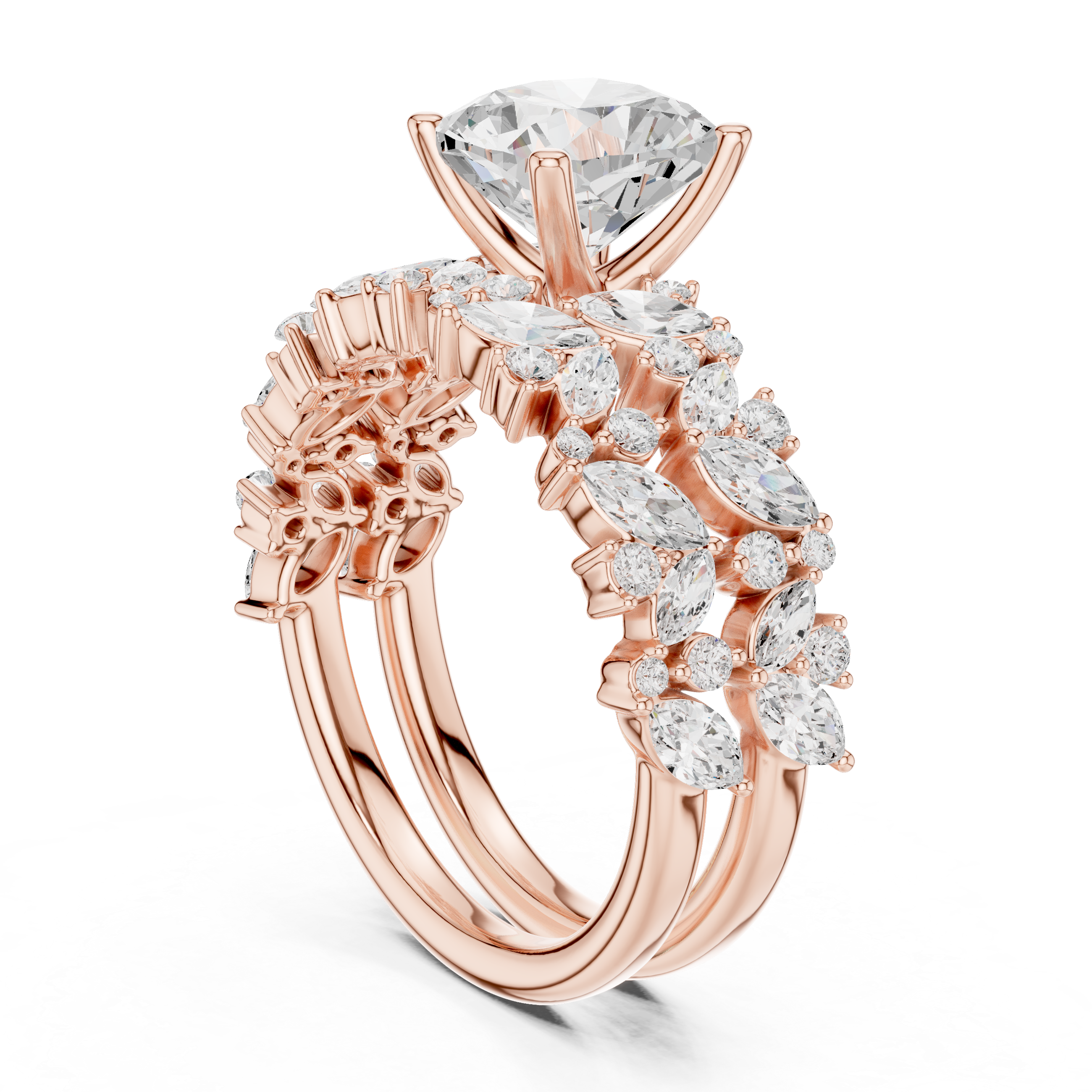 Cushion Cut Solitaire Engagement Ring with Floral Diamond Ring Enhancer