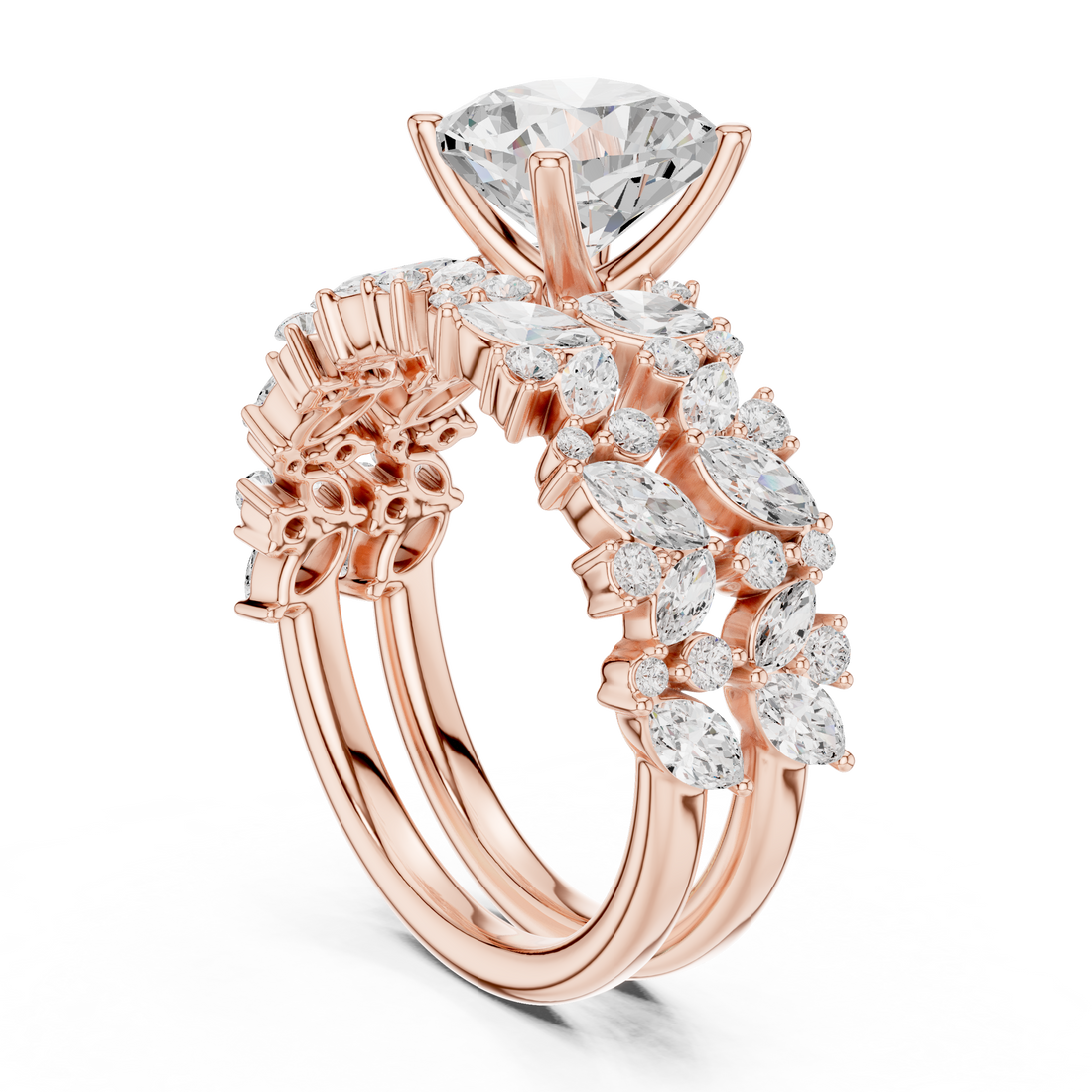 Cushion Cut Solitaire Engagement Ring with Floral Diamond Ring Enhancer