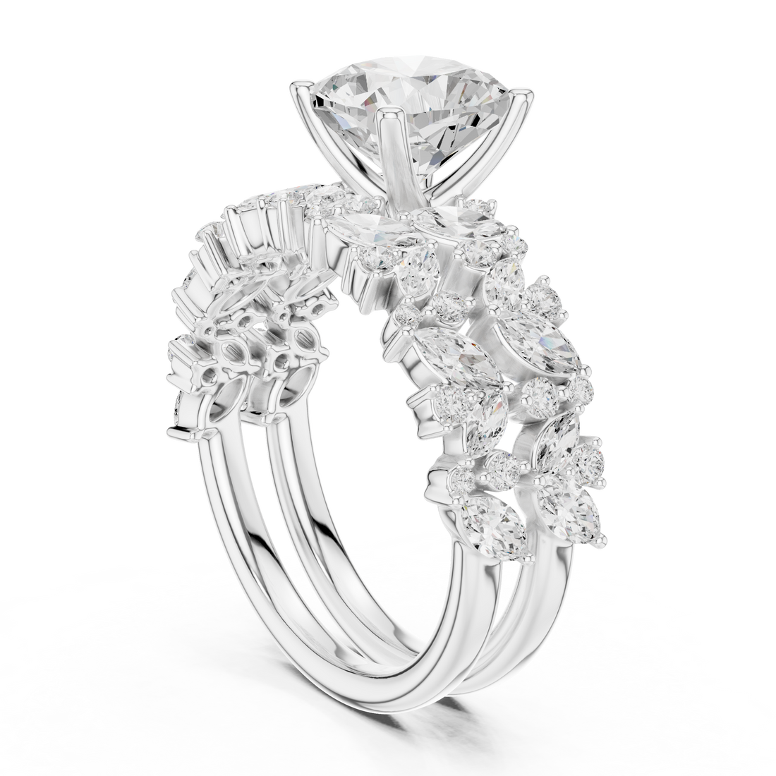 Cushion Cut Solitaire Engagement Ring with Floral Diamond Ring Enhancer