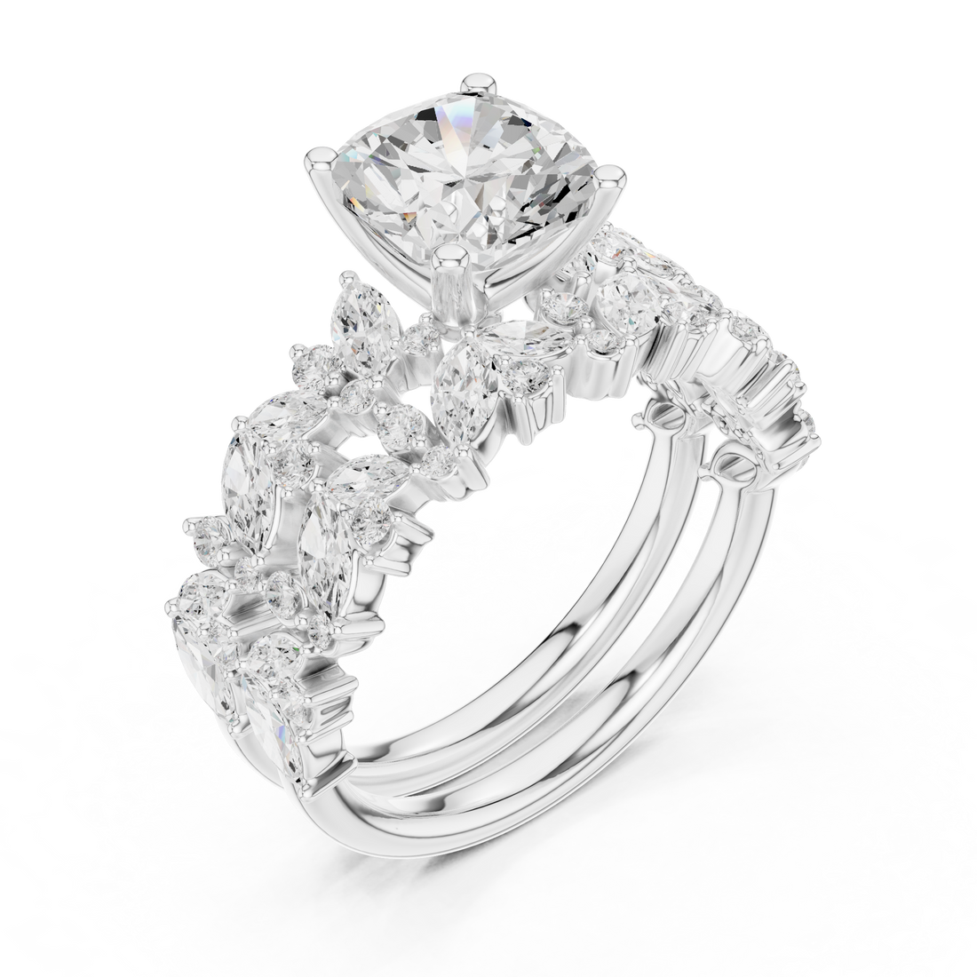 Cushion Cut Solitaire Engagement Ring with Floral Diamond Ring Enhancer