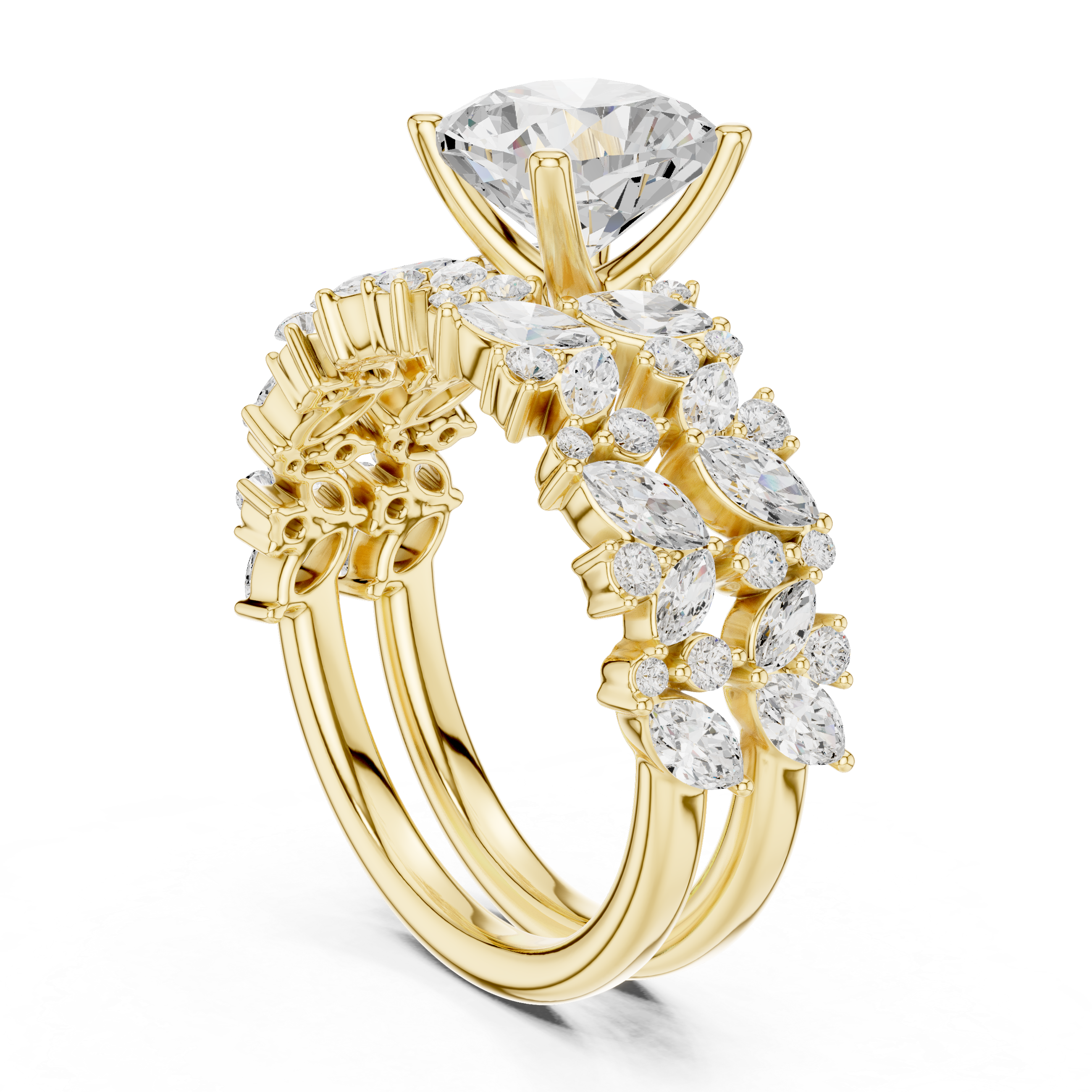 Cushion Cut Solitaire Engagement Ring with Floral Diamond Ring Enhancer