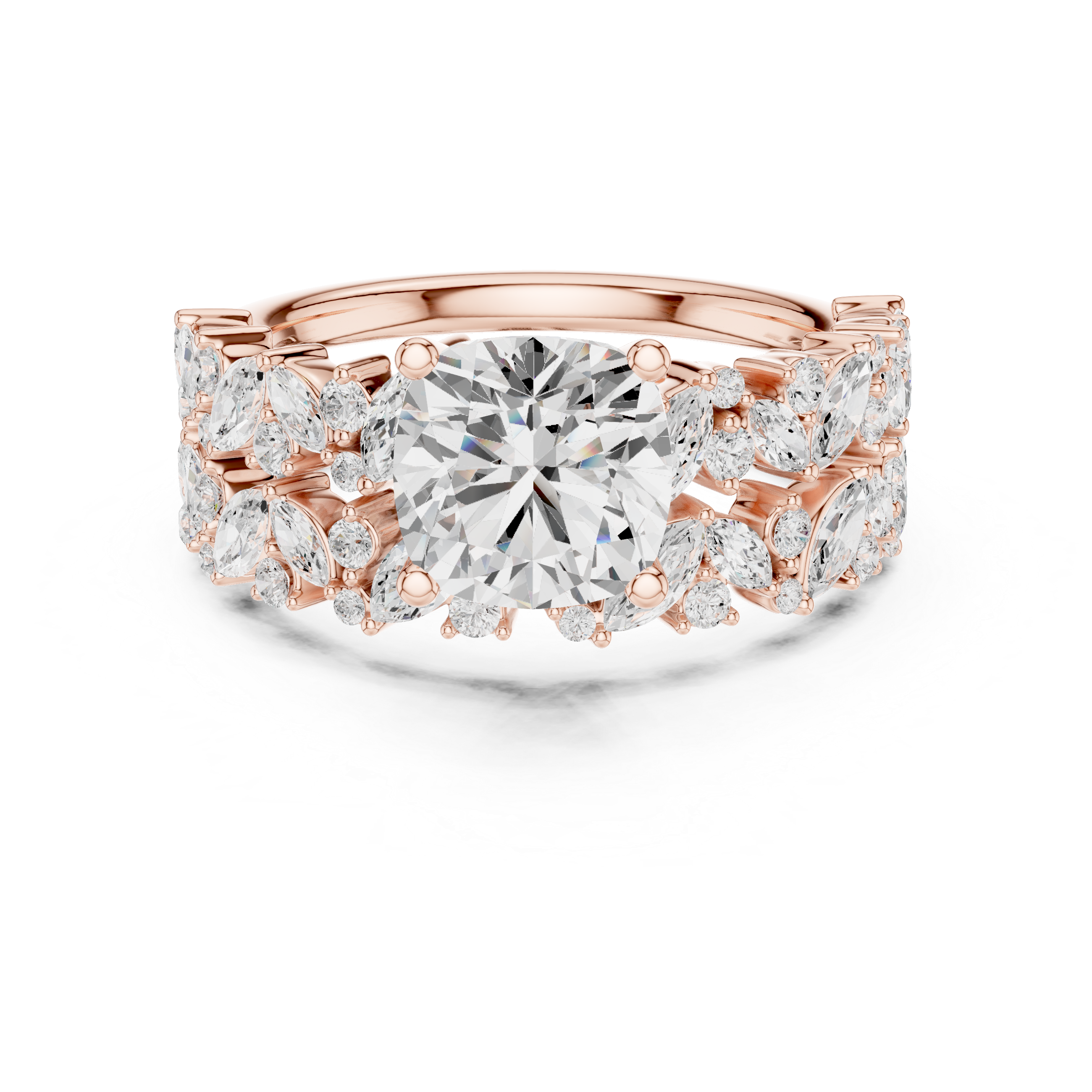 Cushion Cut Solitaire Engagement Ring with Floral Diamond Ring Enhancer