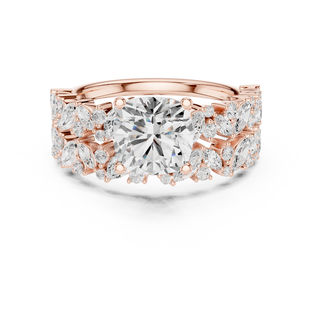 Cushion Cut Solitaire Engagement Ring with Floral Diamond Ring Enhancer