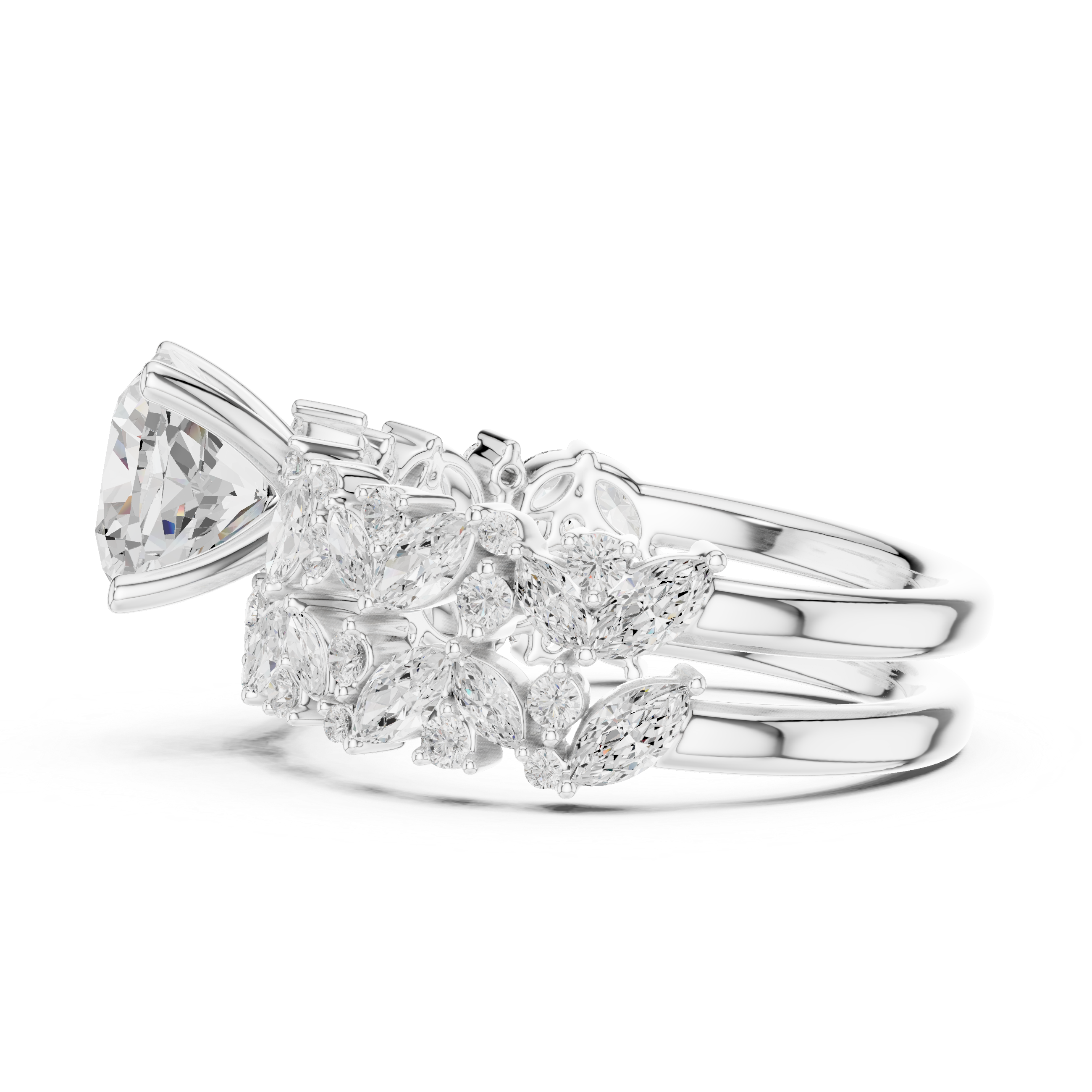 Cushion Cut Solitaire Engagement Ring with Floral Diamond Ring Enhancer
