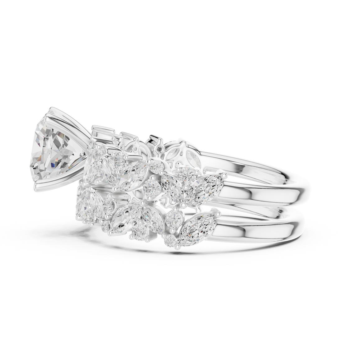 Cushion Cut Solitaire Engagement Ring with Floral Diamond Ring Enhancer