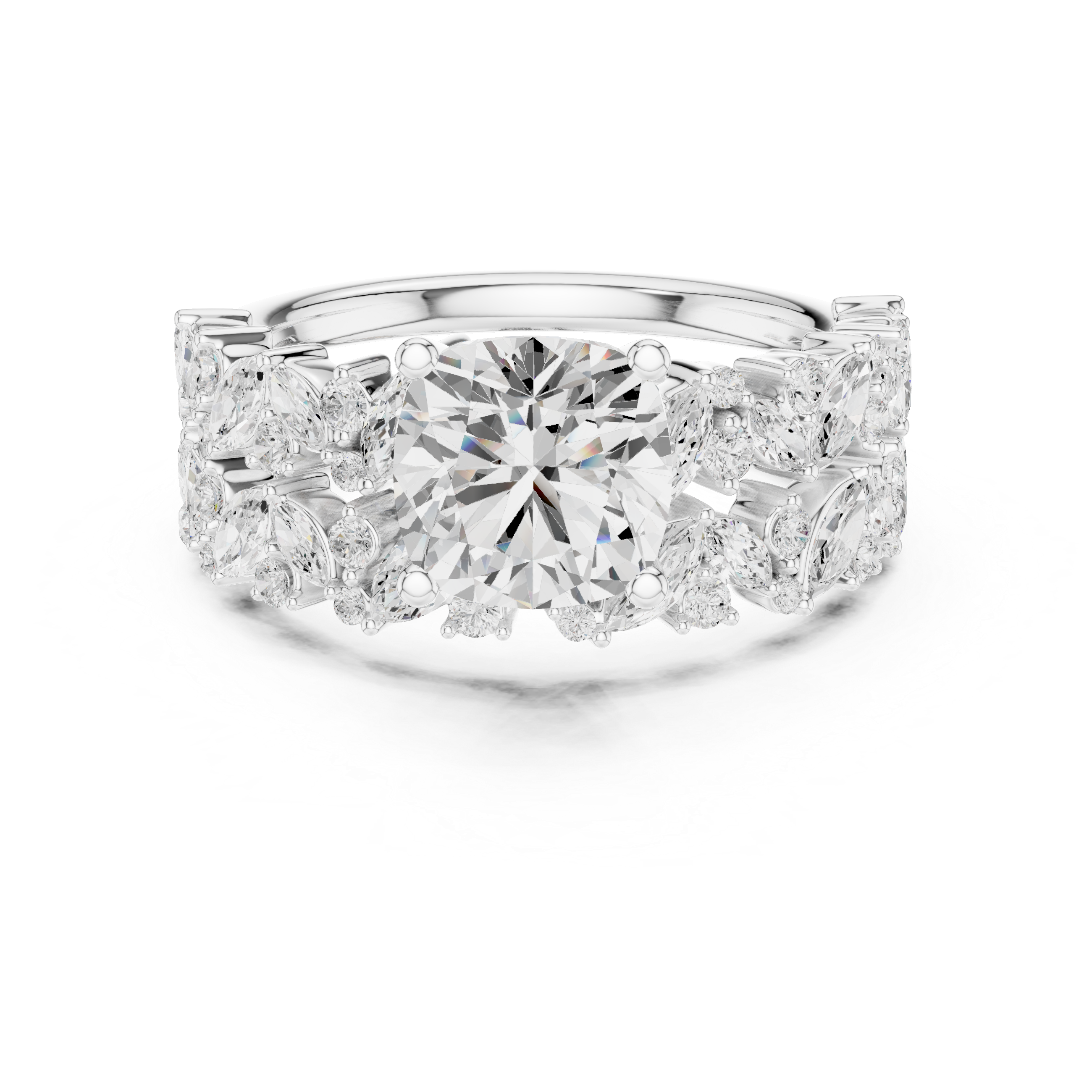 Cushion Cut Solitaire Engagement Ring with Floral Diamond Ring Enhancer