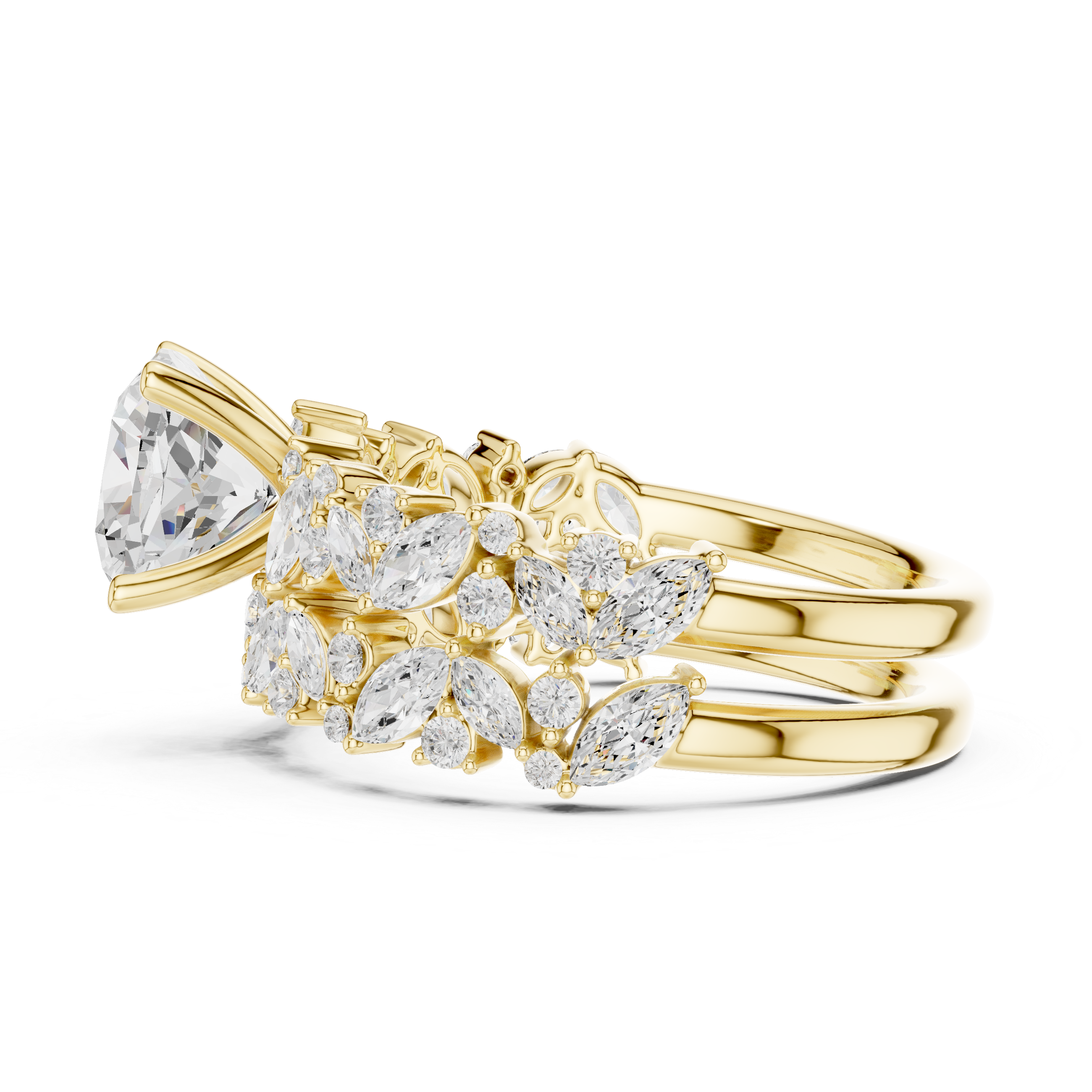Cushion Cut Solitaire Engagement Ring with Floral Diamond Ring Enhancer