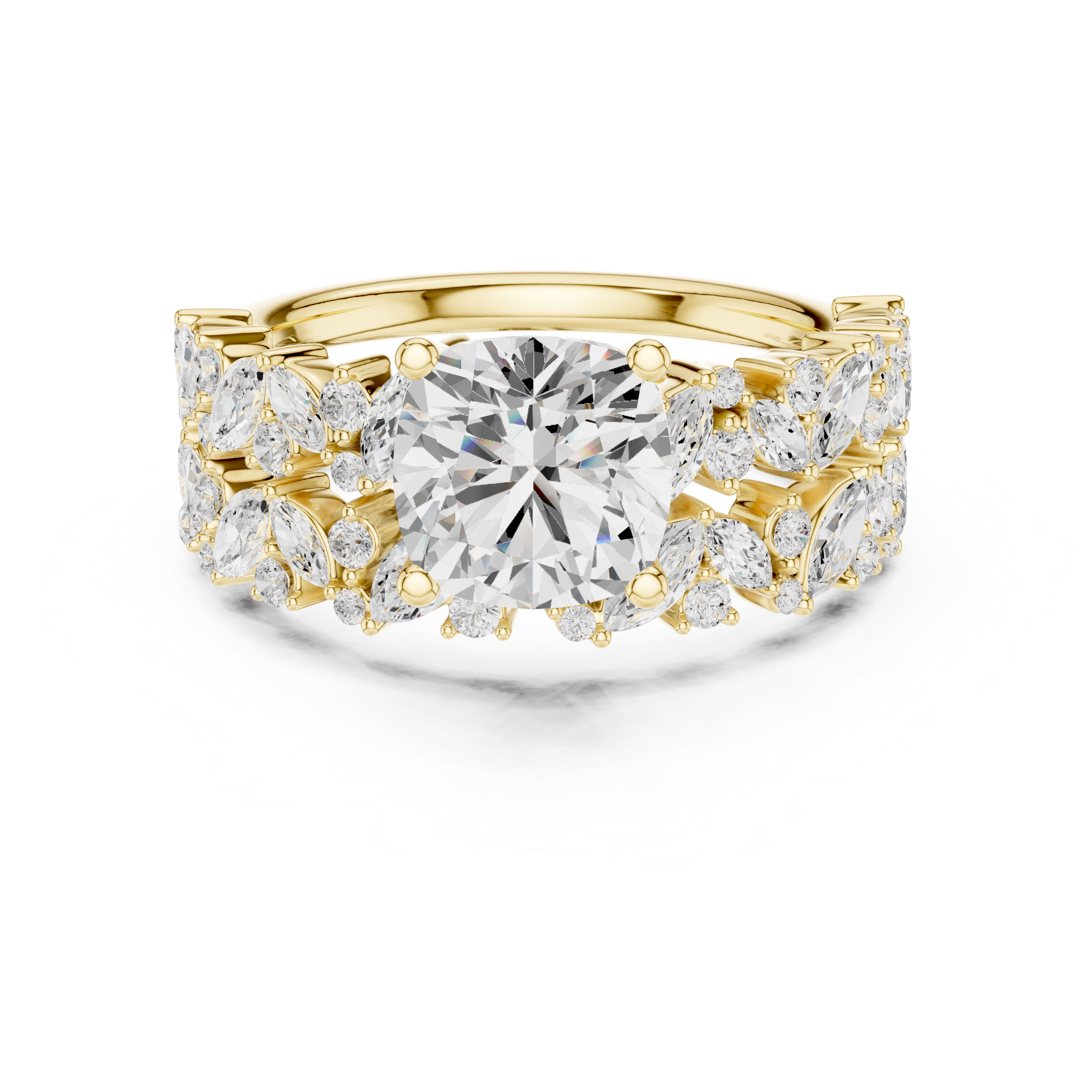 Cushion Cut Solitaire Engagement Ring with Floral Diamond Ring Enhancer