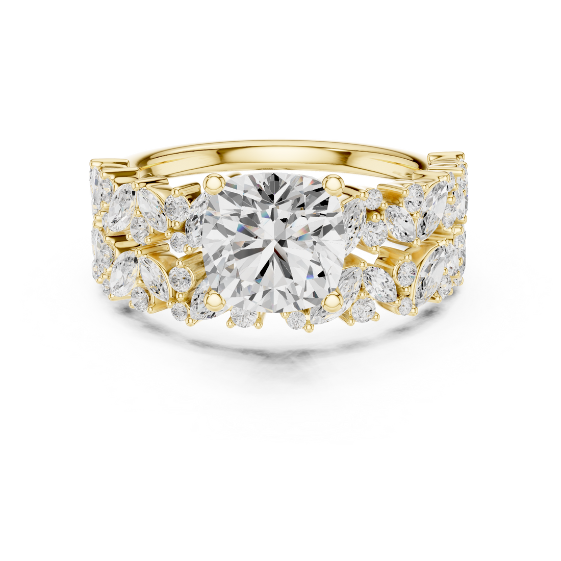 Cushion Cut Solitaire Engagement Ring with Floral Diamond Ring Enhancer