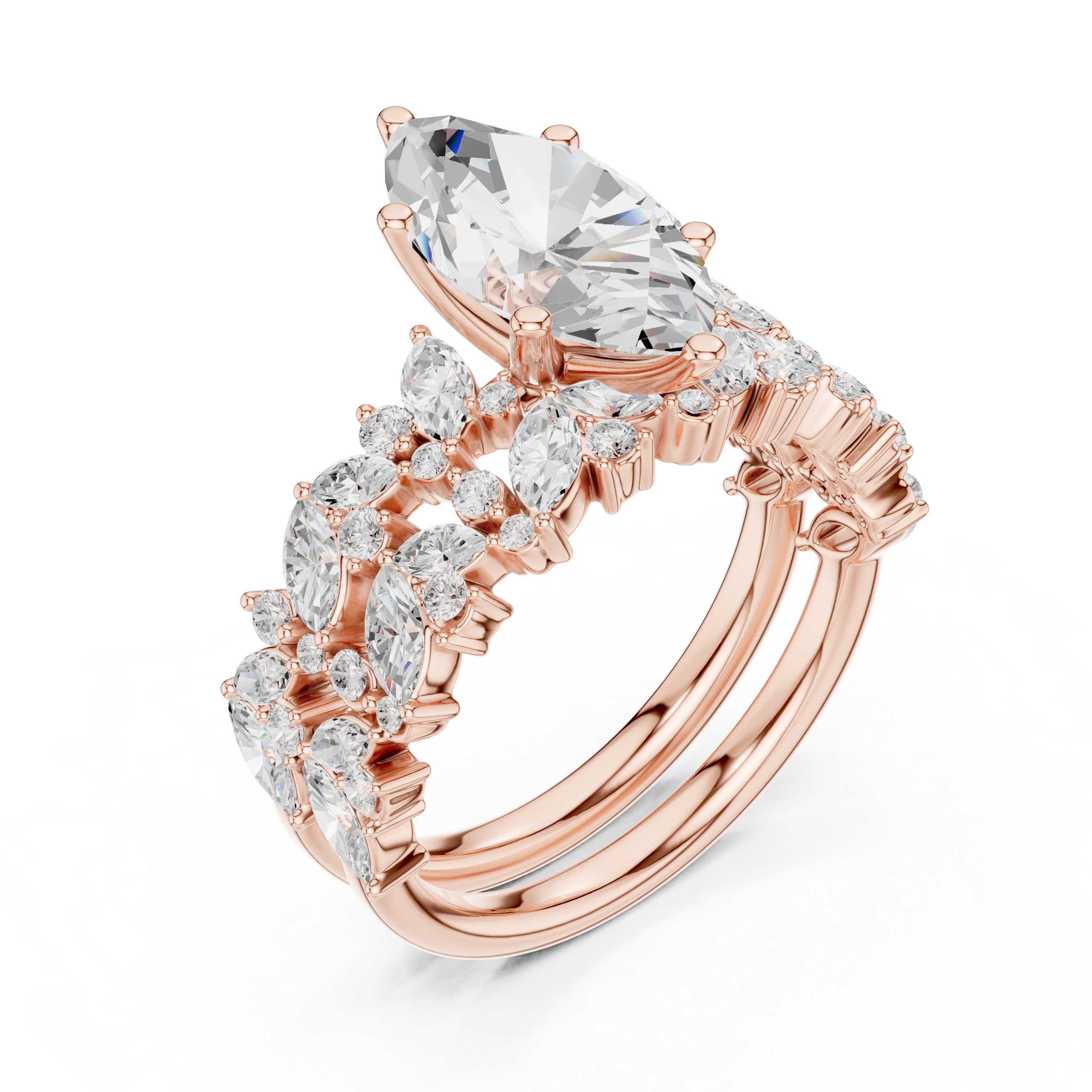 Marquise Cut Solitaire Engagement Ring with Floral Diamond Ring Enhancer