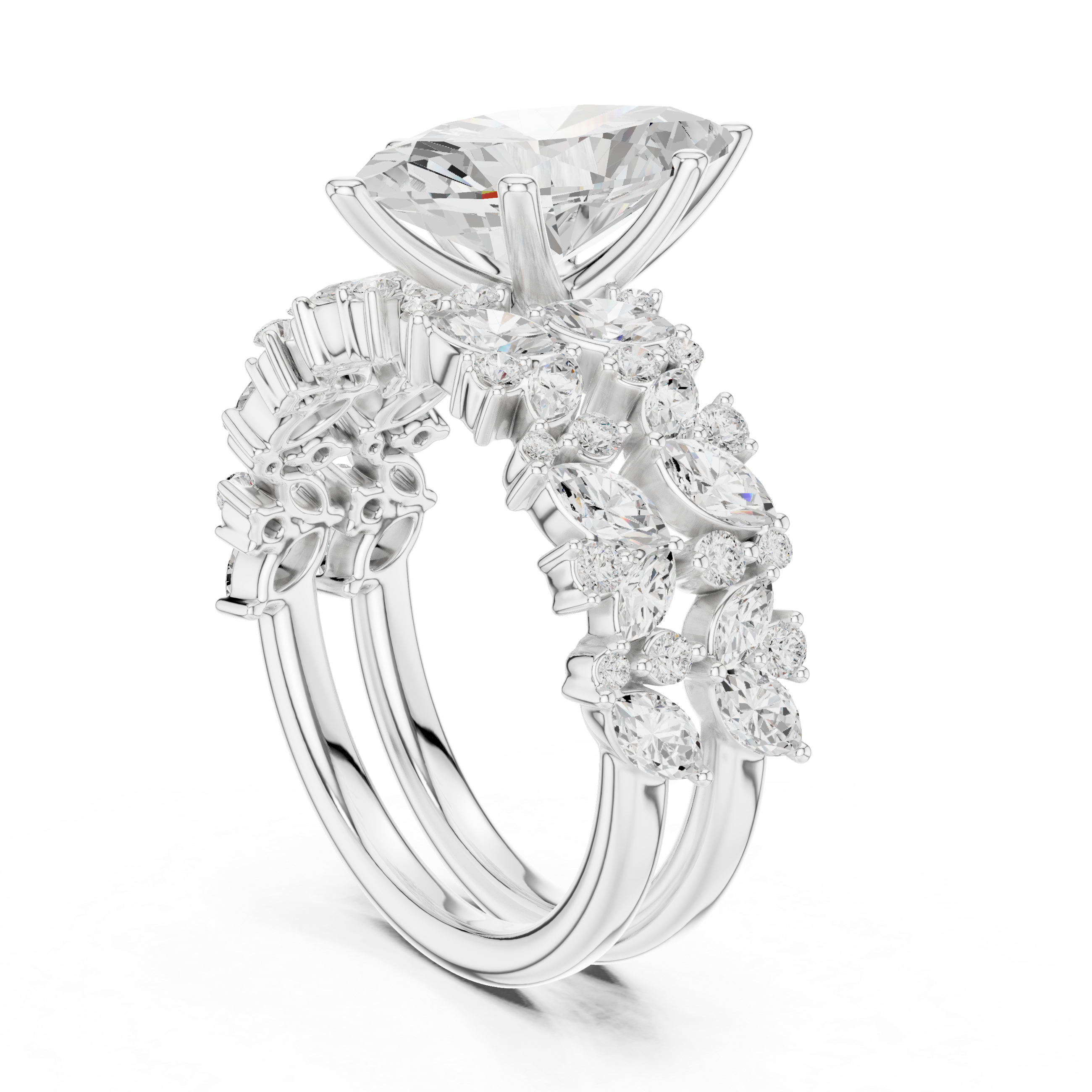 Marquise Cut Solitaire Engagement Ring with Floral Diamond Ring Enhancer