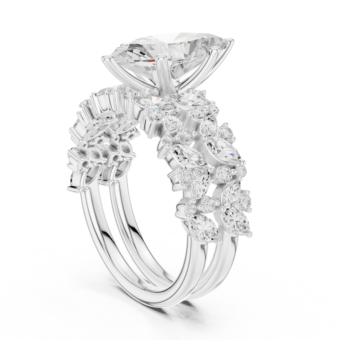 Marquise Cut Solitaire Engagement Ring with Floral Diamond Ring Enhancer