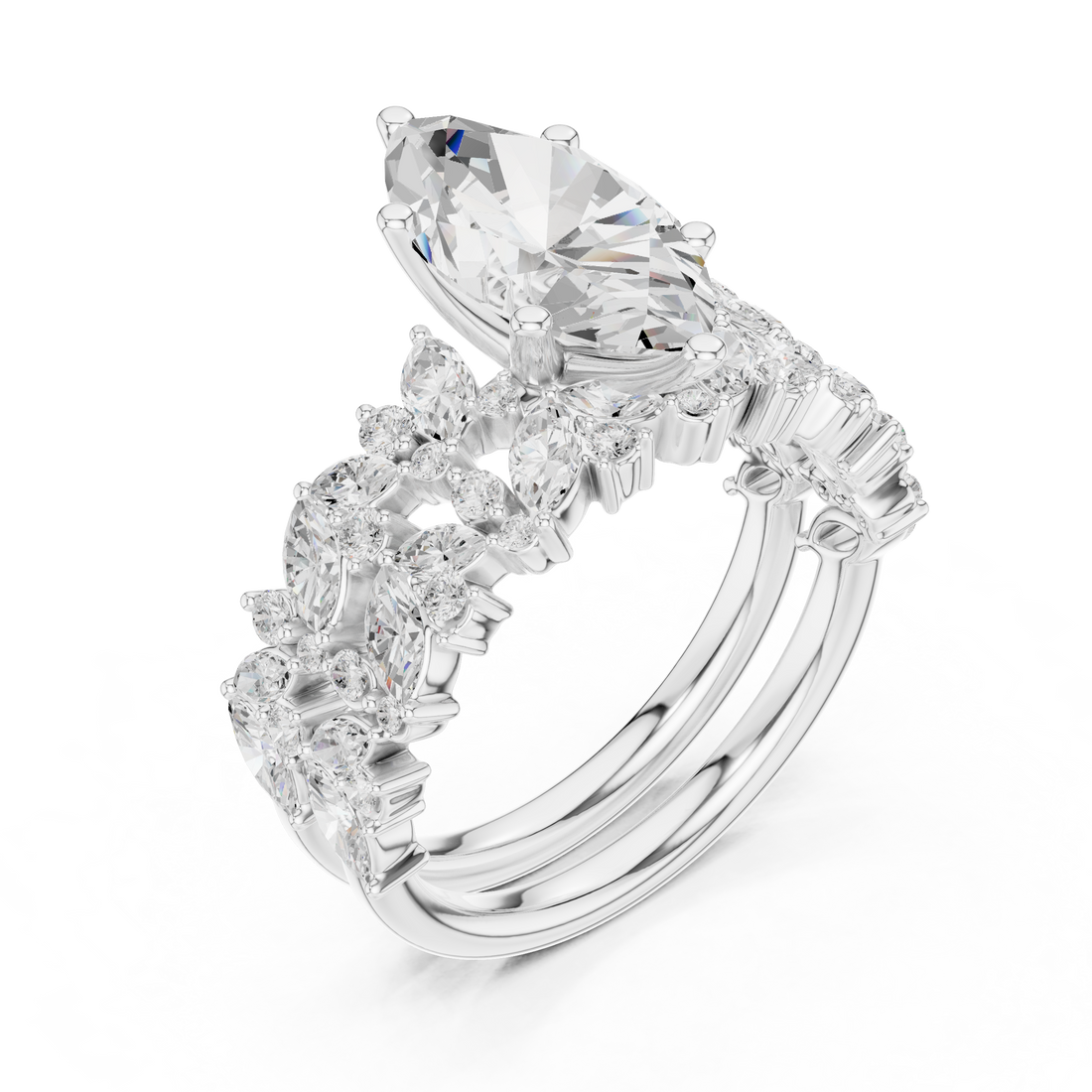 Marquise Cut Solitaire Engagement Ring with Floral Diamond Ring Enhancer
