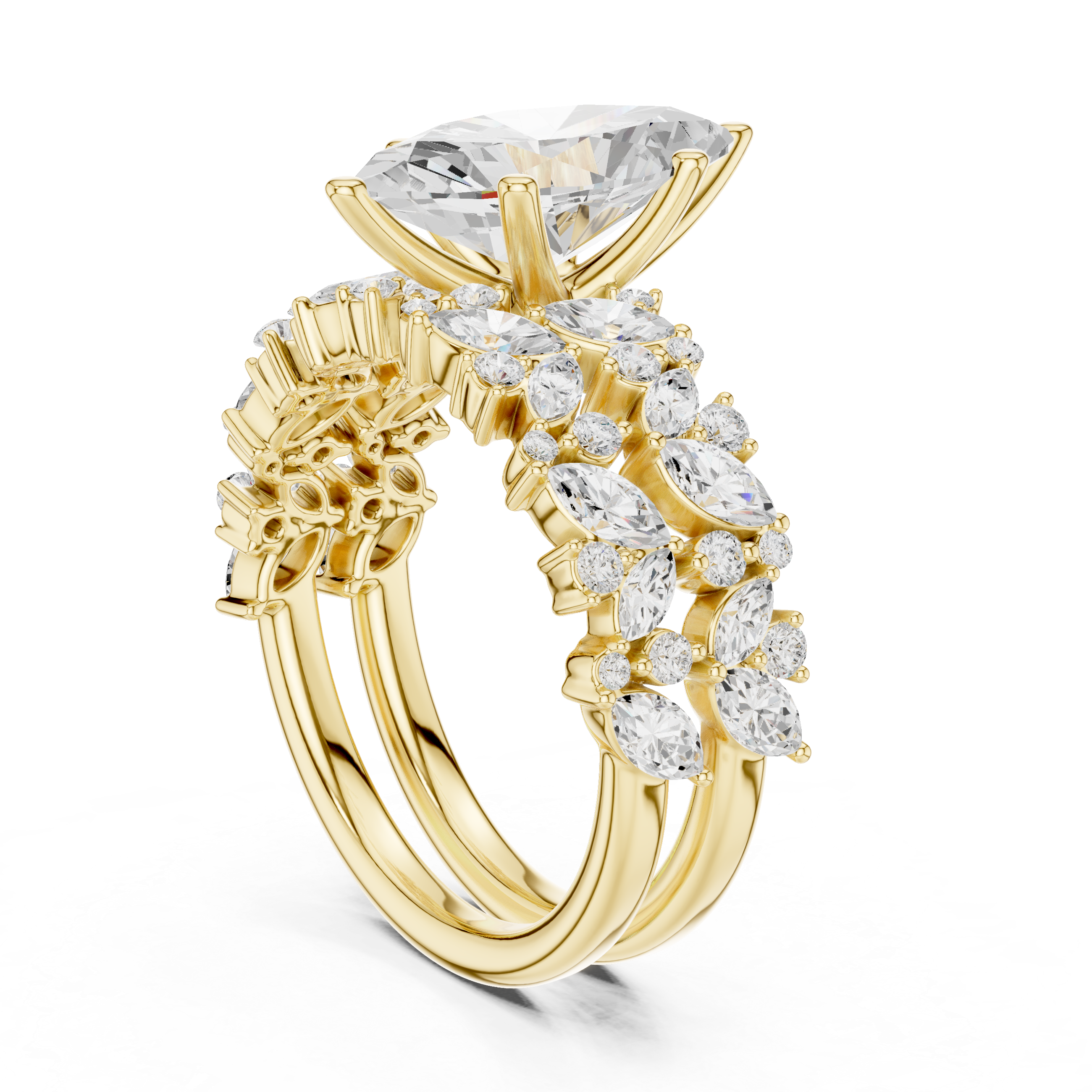 Marquise Cut Solitaire Engagement Ring with Floral Diamond Ring Enhancer