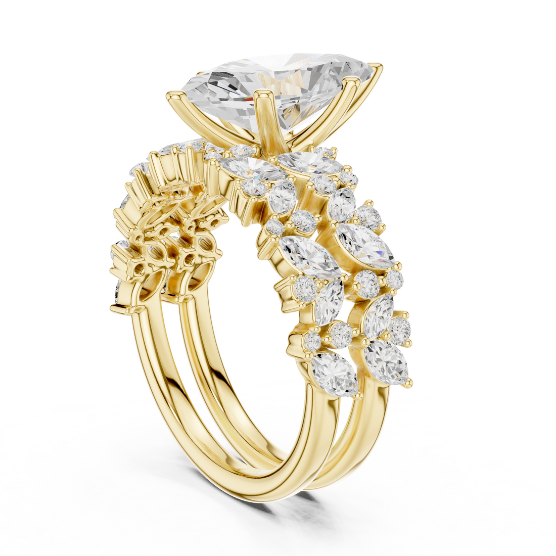 Marquise Cut Solitaire Engagement Ring with Floral Diamond Ring Enhancer