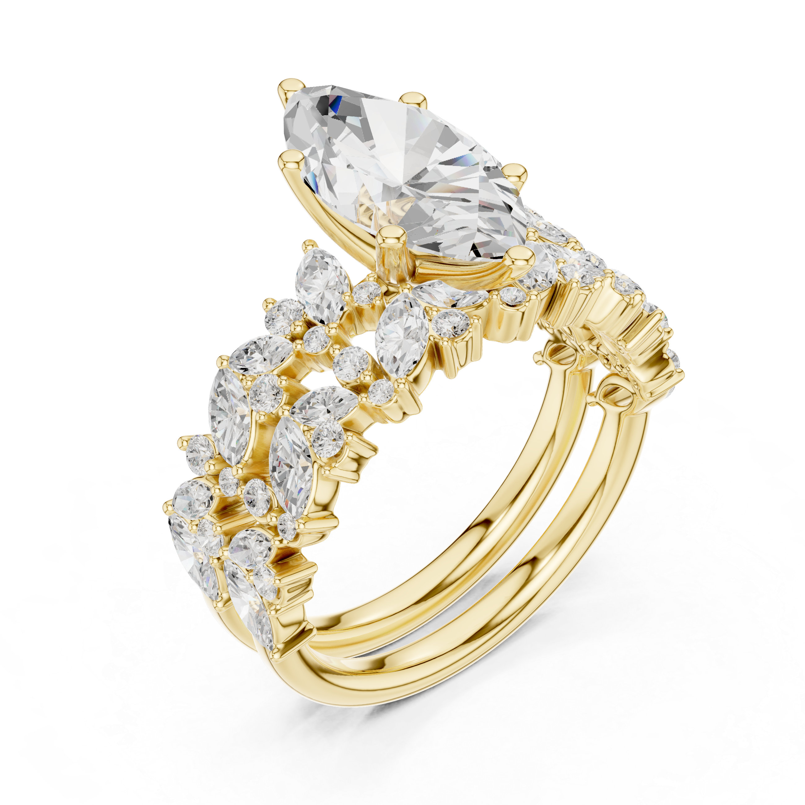 Marquise Cut Solitaire Engagement Ring with Floral Diamond Ring Enhancer