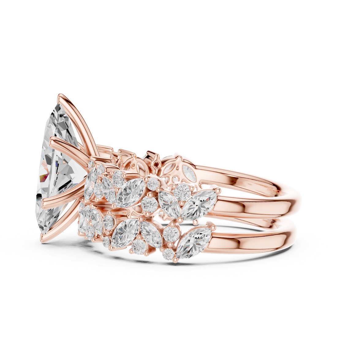 Marquise Cut Solitaire Engagement Ring with Floral Diamond Ring Enhancer
