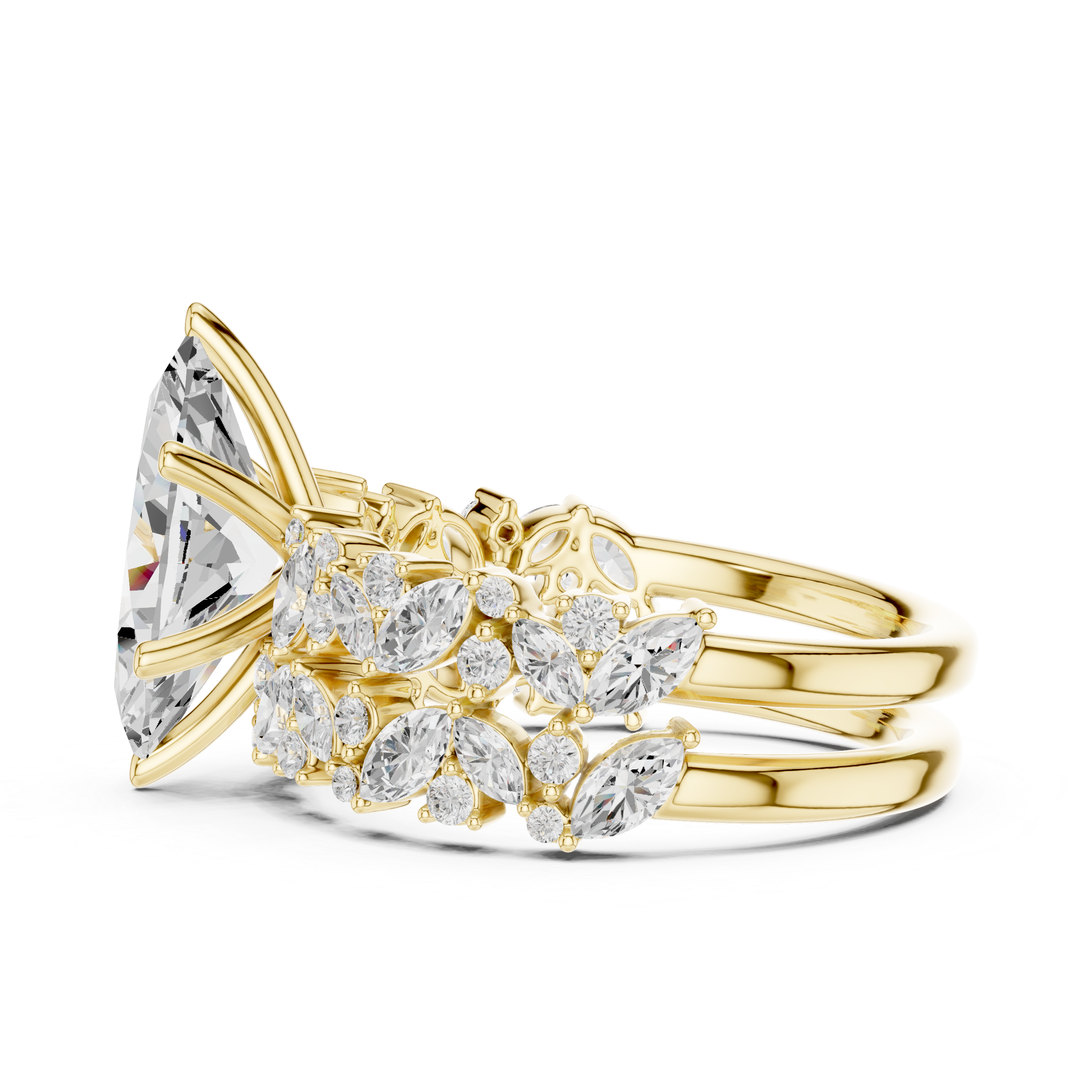 Marquise Cut Solitaire Engagement Ring with Floral Diamond Ring Enhancer