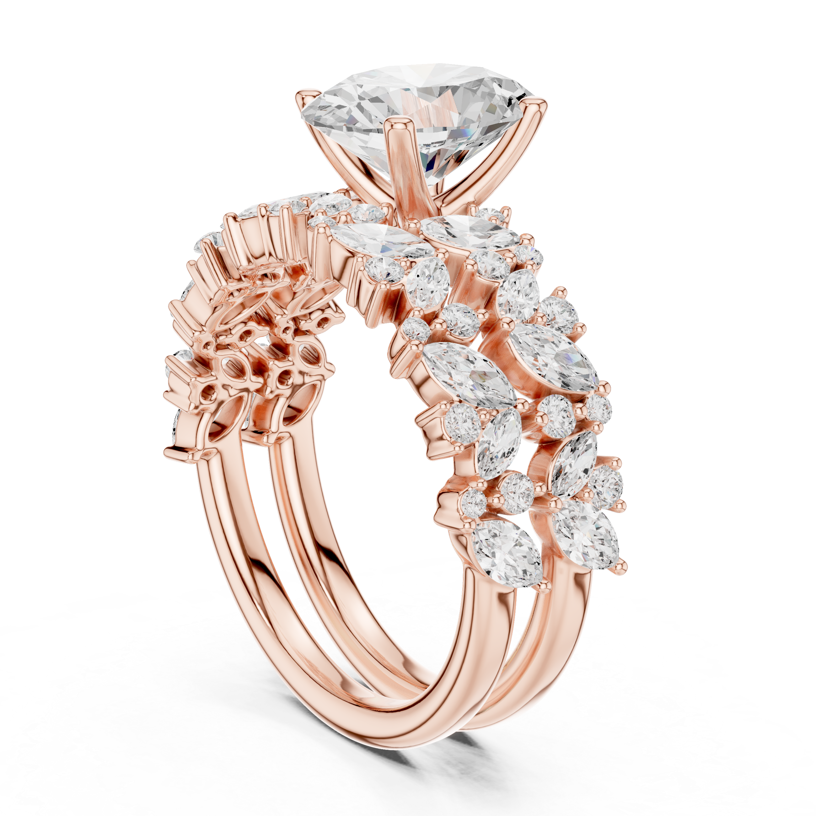 Oval Cut Solitaire Engagement Ring with Floral Diamond Ring Enhancer