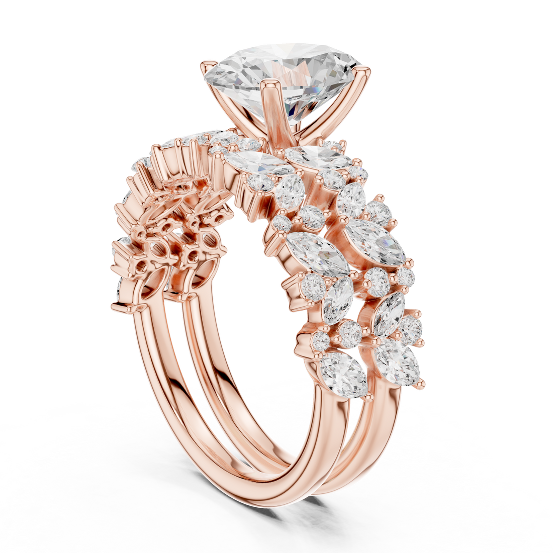 Oval Cut Solitaire Engagement Ring with Floral Diamond Ring Enhancer