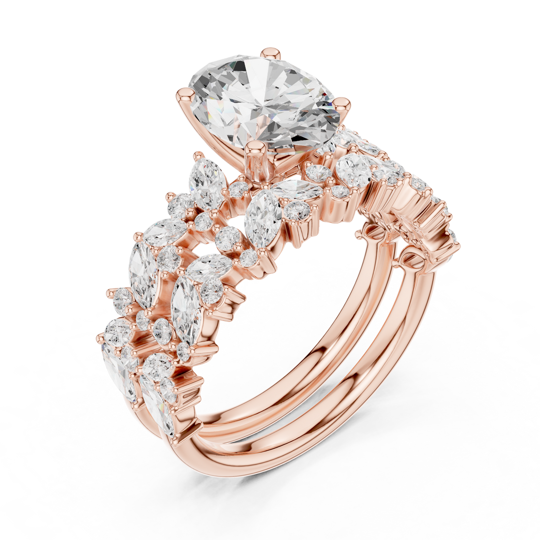 Oval Cut Solitaire Engagement Ring with Floral Diamond Ring Enhancer