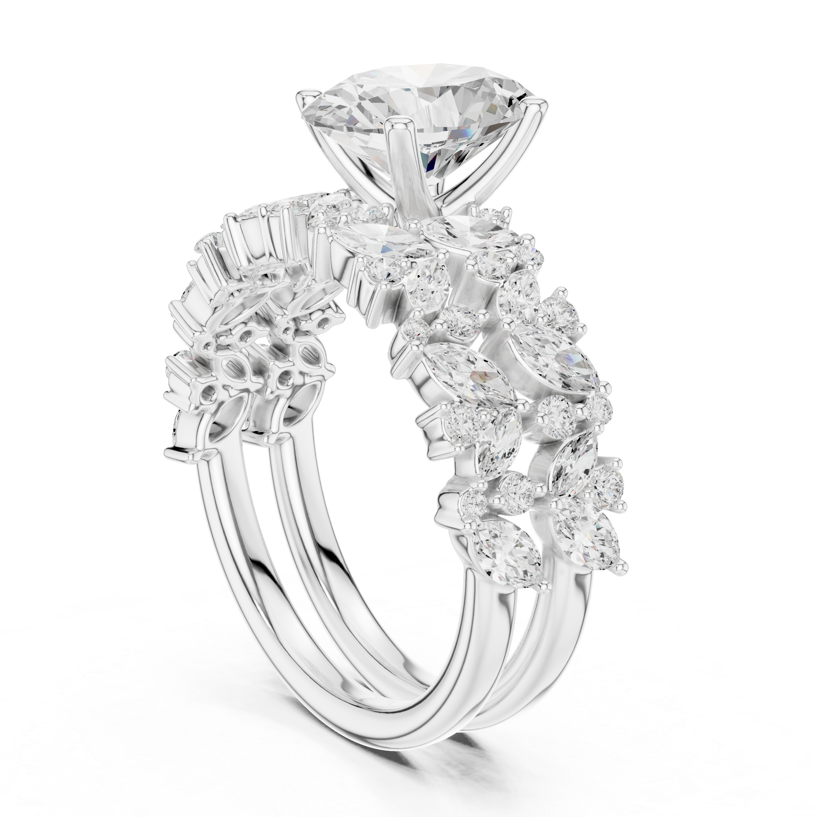 Oval Cut Solitaire Engagement Ring with Floral Diamond Ring Enhancer