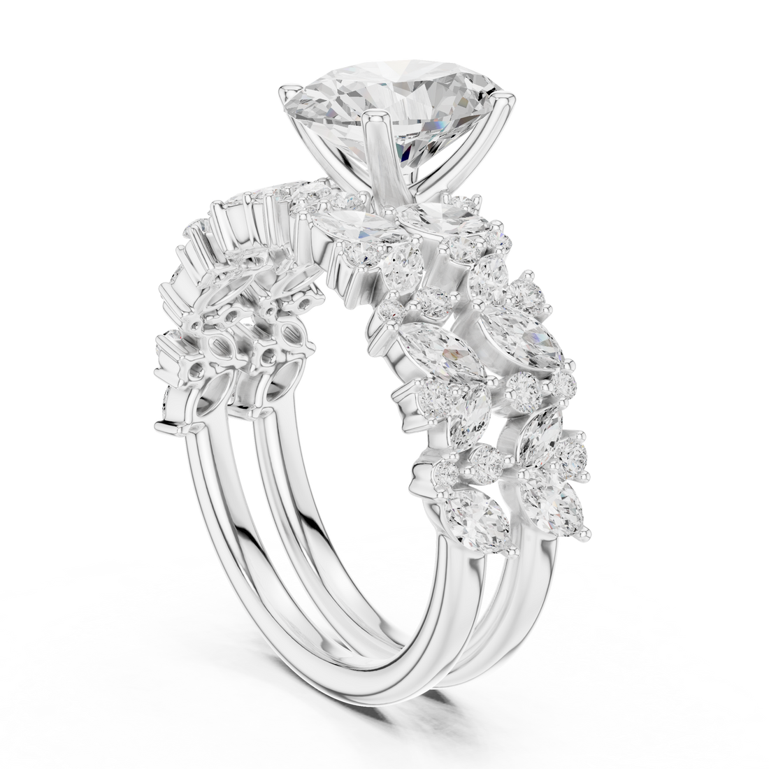Oval Cut Solitaire Engagement Ring with Floral Diamond Ring Enhancer
