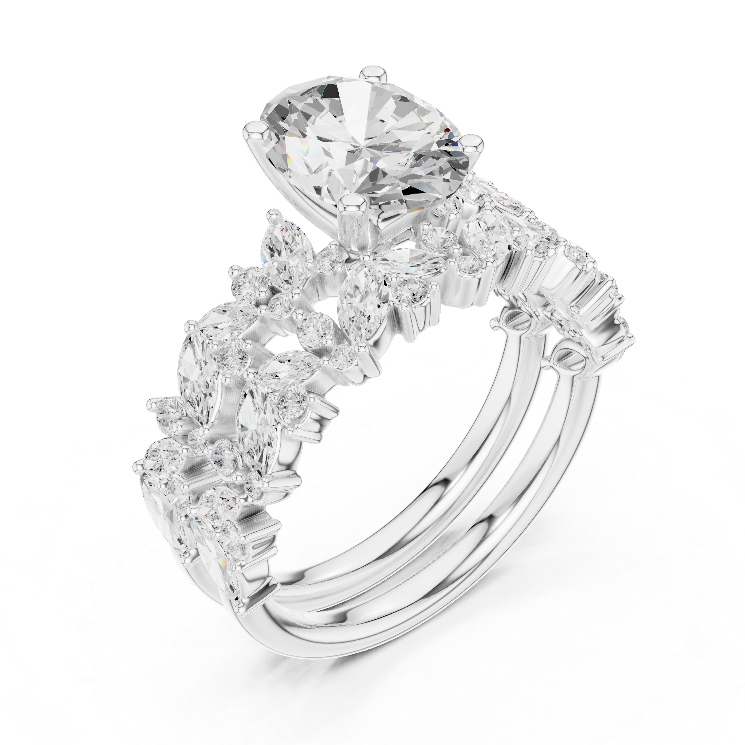 Oval Cut Solitaire Engagement Ring with Floral Diamond Ring Enhancer