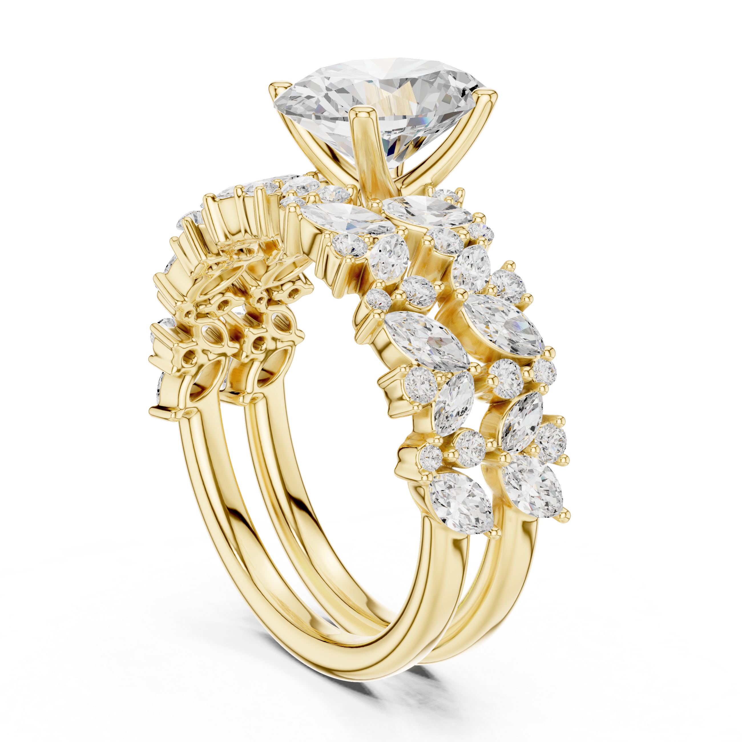 Oval Cut Solitaire Engagement Ring with Floral Diamond Ring Enhancer